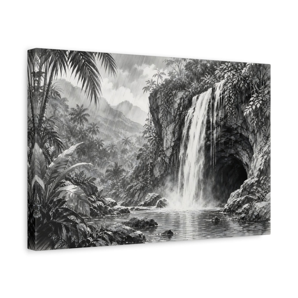 Side Mockup 4. Nature Waterfall Monochrome Waterfall shown as stretched canvas wall art