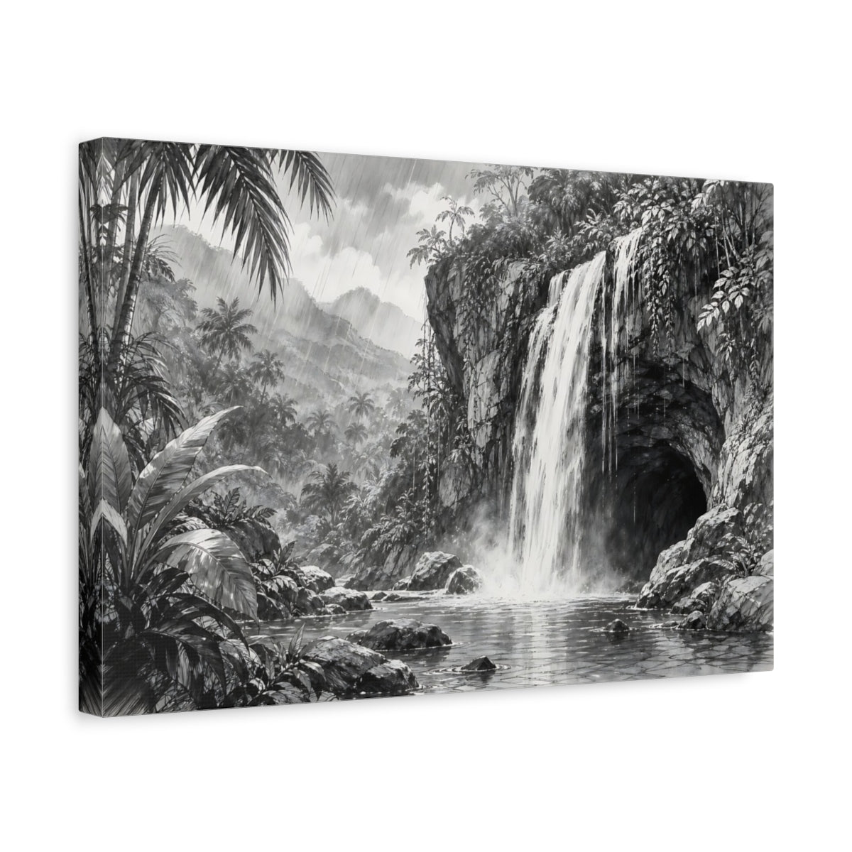 Side Mockup 4. Nature Waterfall Monochrome Waterfall shown as stretched canvas wall art