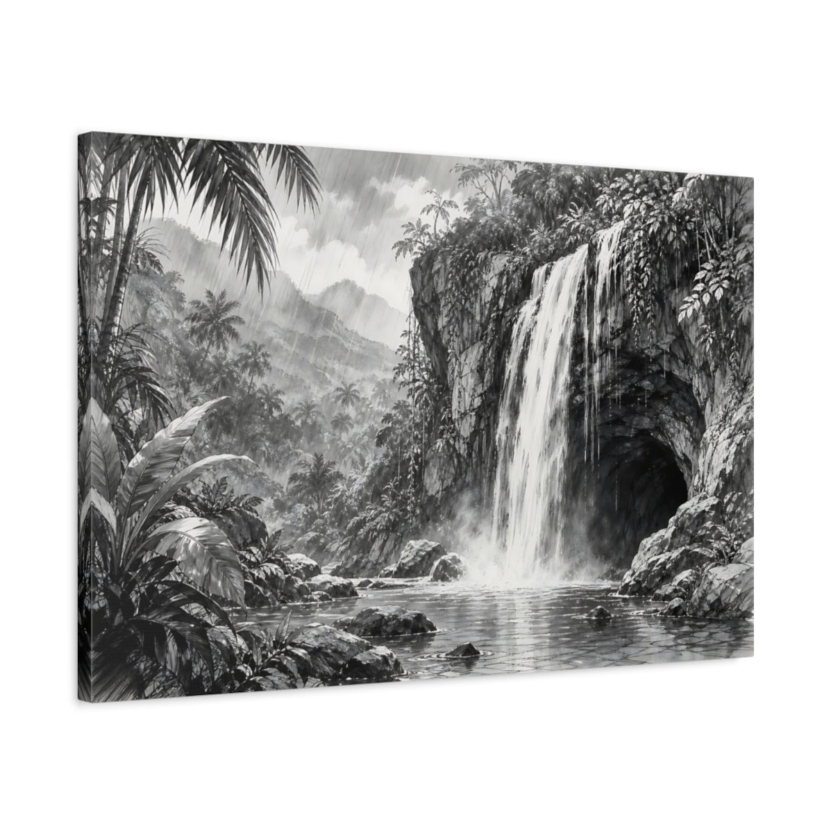 Side Mockup 2. Nature Waterfall Monochrome Waterfall shown as stretched canvas wall art