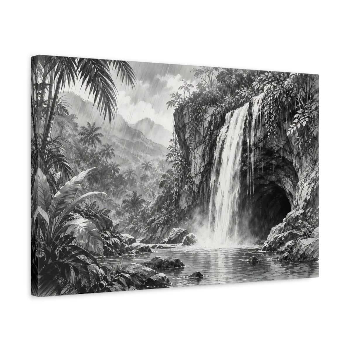 Side Mockup 3. Nature Waterfall Monochrome Waterfall shown as stretched canvas wall art
