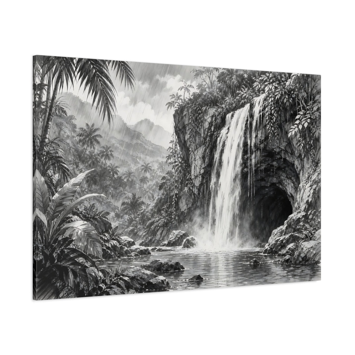 Side Mockup 1. Nature Waterfall Monochrome Waterfall shown as stretched canvas wall art