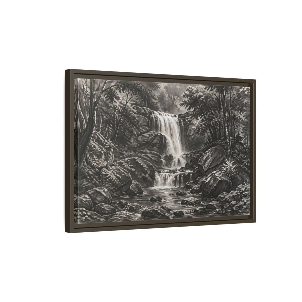 Side Mockup 2. Nature Waterfall Monochrome Waterfall shown as stretched canvas wall art