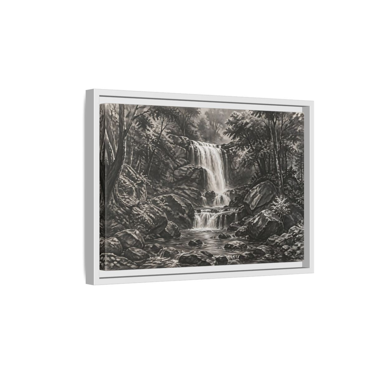 Side Mockup 4. Nature Waterfall Monochrome Waterfall shown as stretched canvas wall art