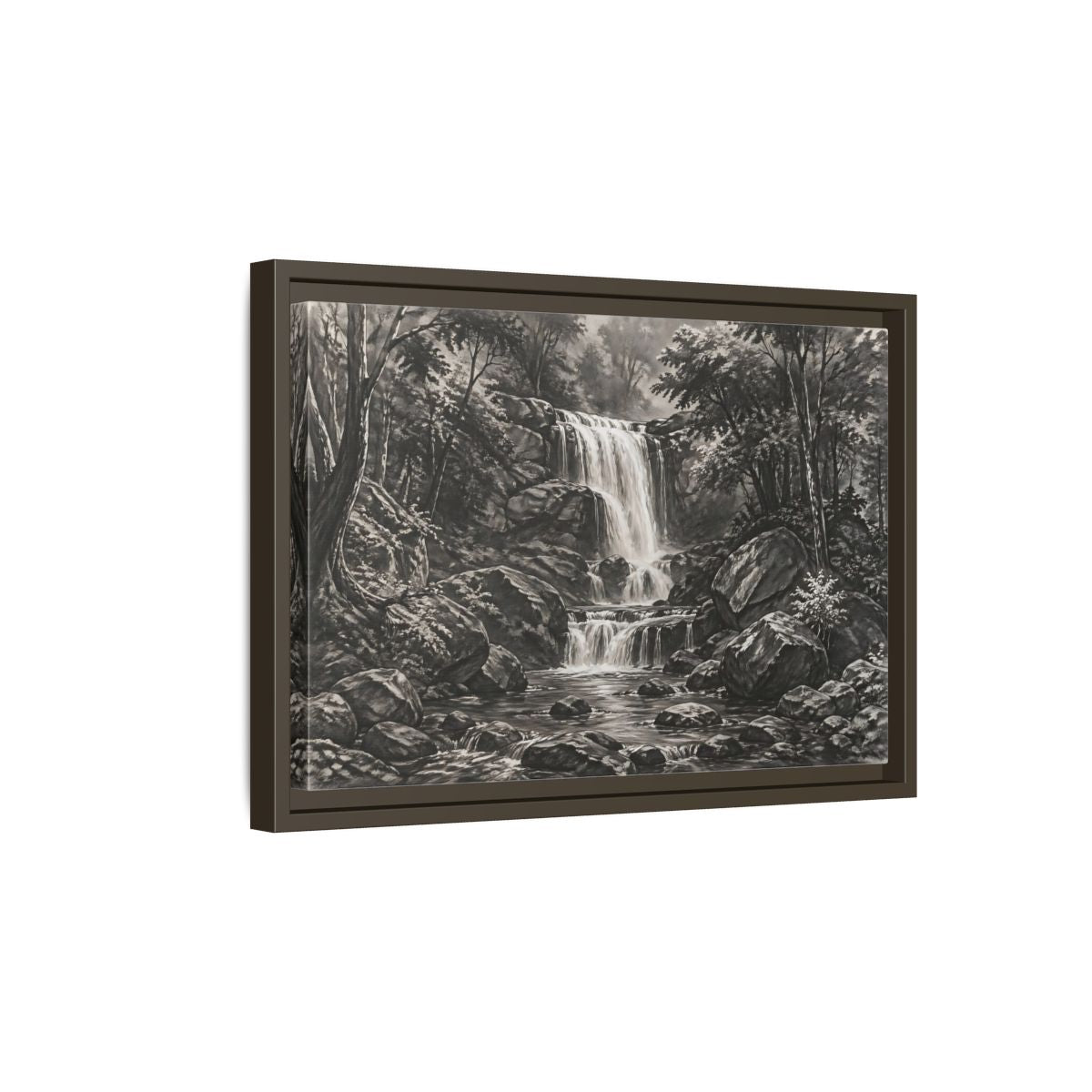 Side Mockup 5. Nature Waterfall Monochrome Waterfall shown as stretched canvas wall art