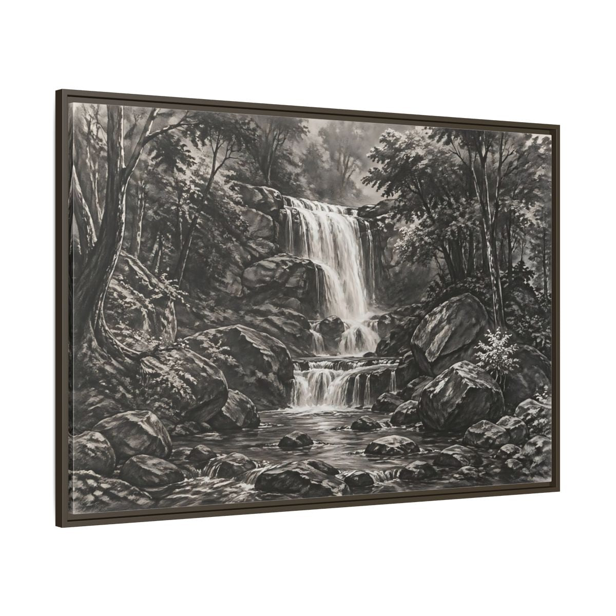 Side Mockup 8. Nature Waterfall Monochrome Waterfall shown as stretched canvas wall art