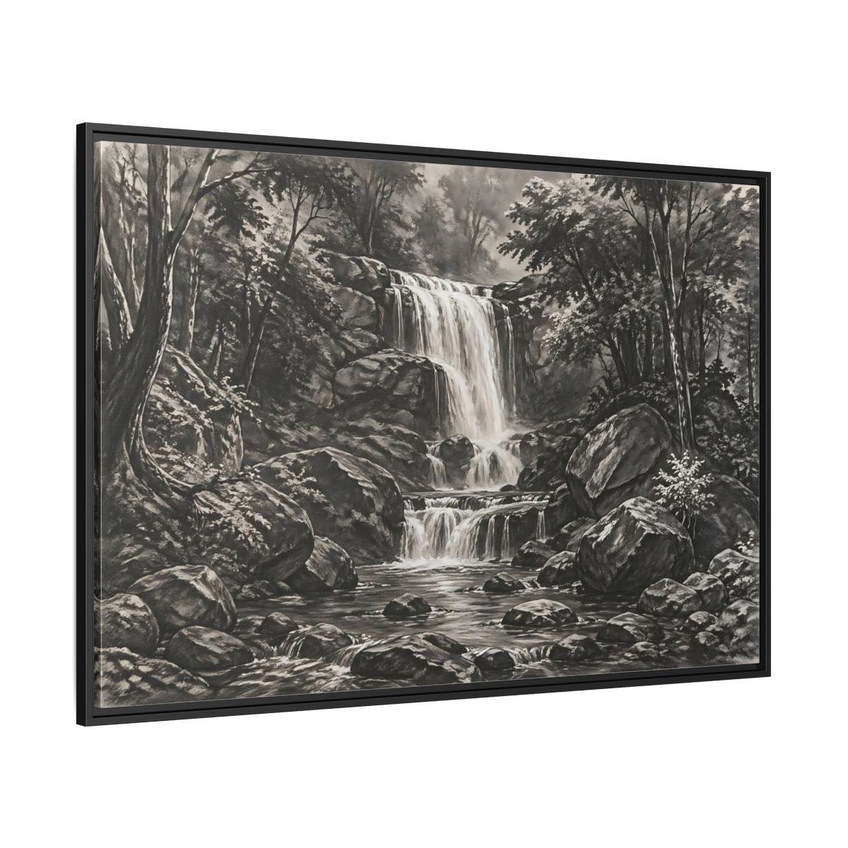 Side Mockup 12. Nature Waterfall Monochrome Waterfall shown as stretched canvas wall art