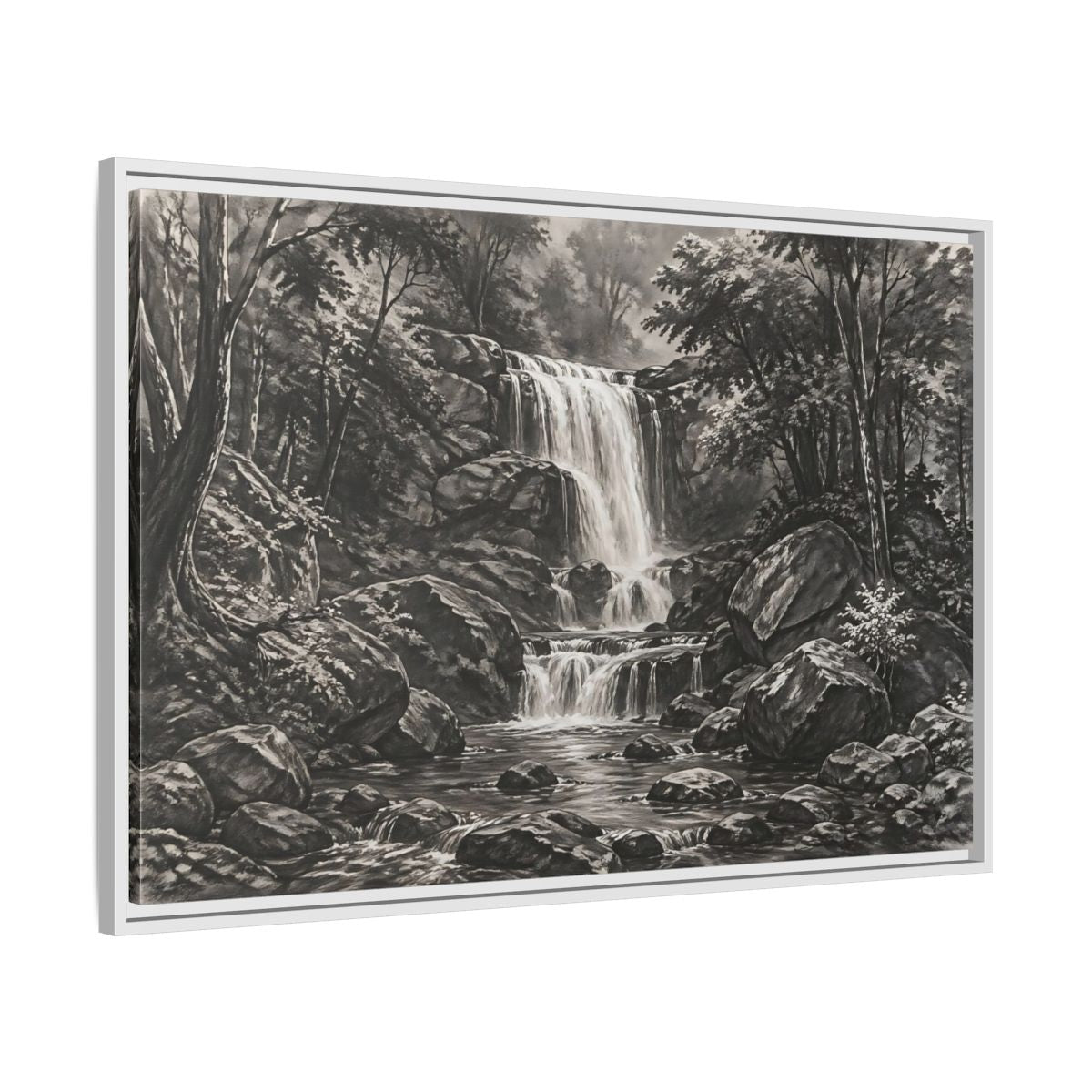 Side Mockup 9. Nature Waterfall Monochrome Waterfall shown as stretched canvas wall art