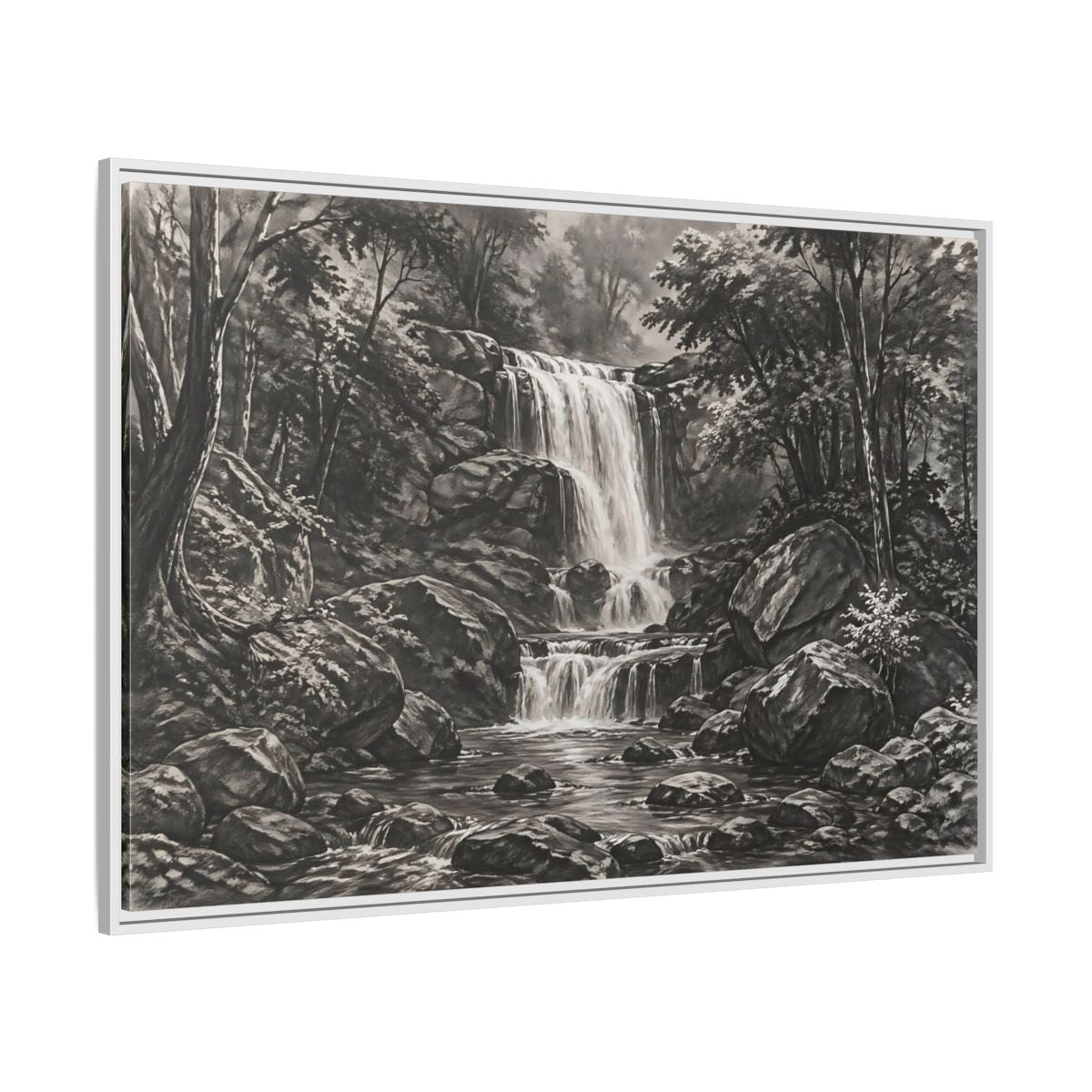Side Mockup 7. Nature Waterfall Monochrome Waterfall shown as stretched canvas wall art