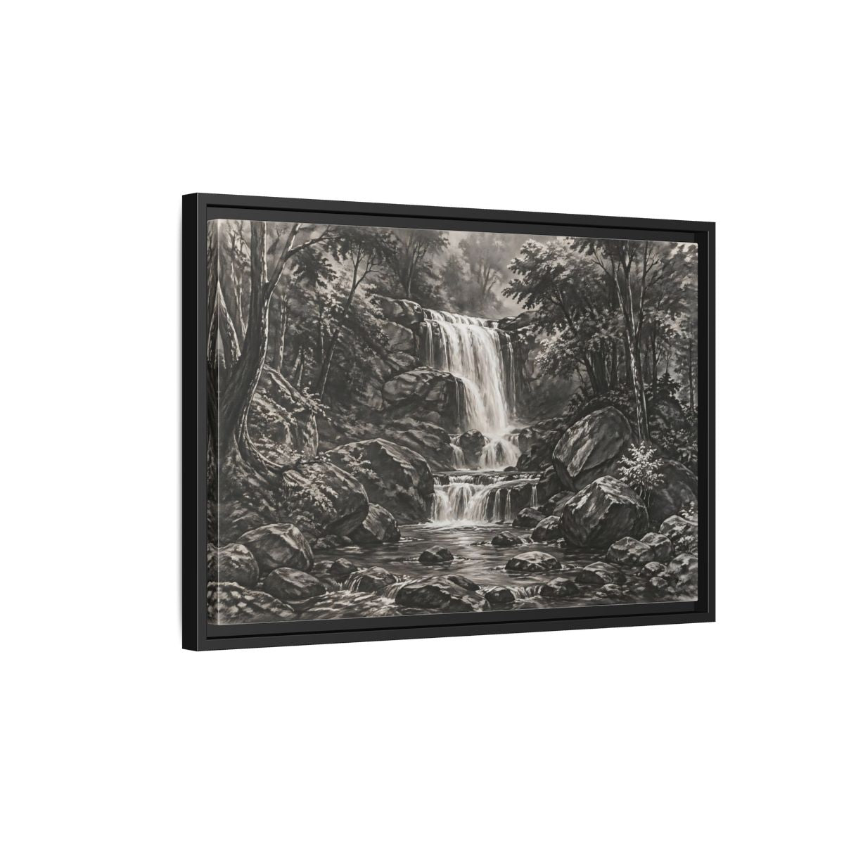 Side Mockup 3. Nature Waterfall Monochrome Waterfall shown as stretched canvas wall art