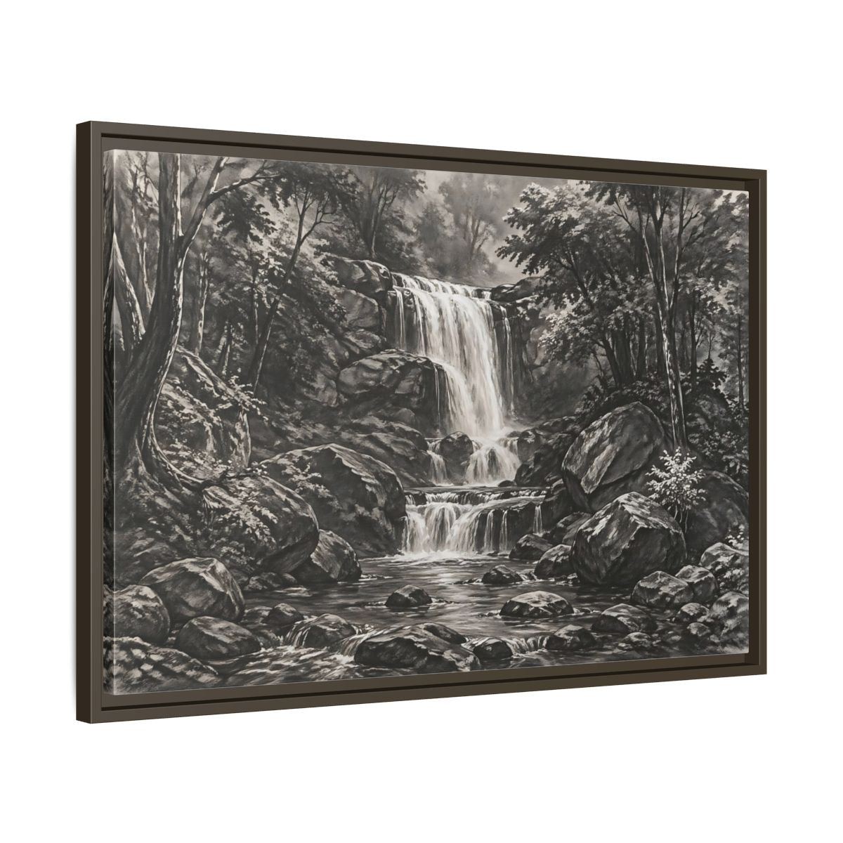 Side Mockup 11. Nature Waterfall Monochrome Waterfall shown as stretched canvas wall art