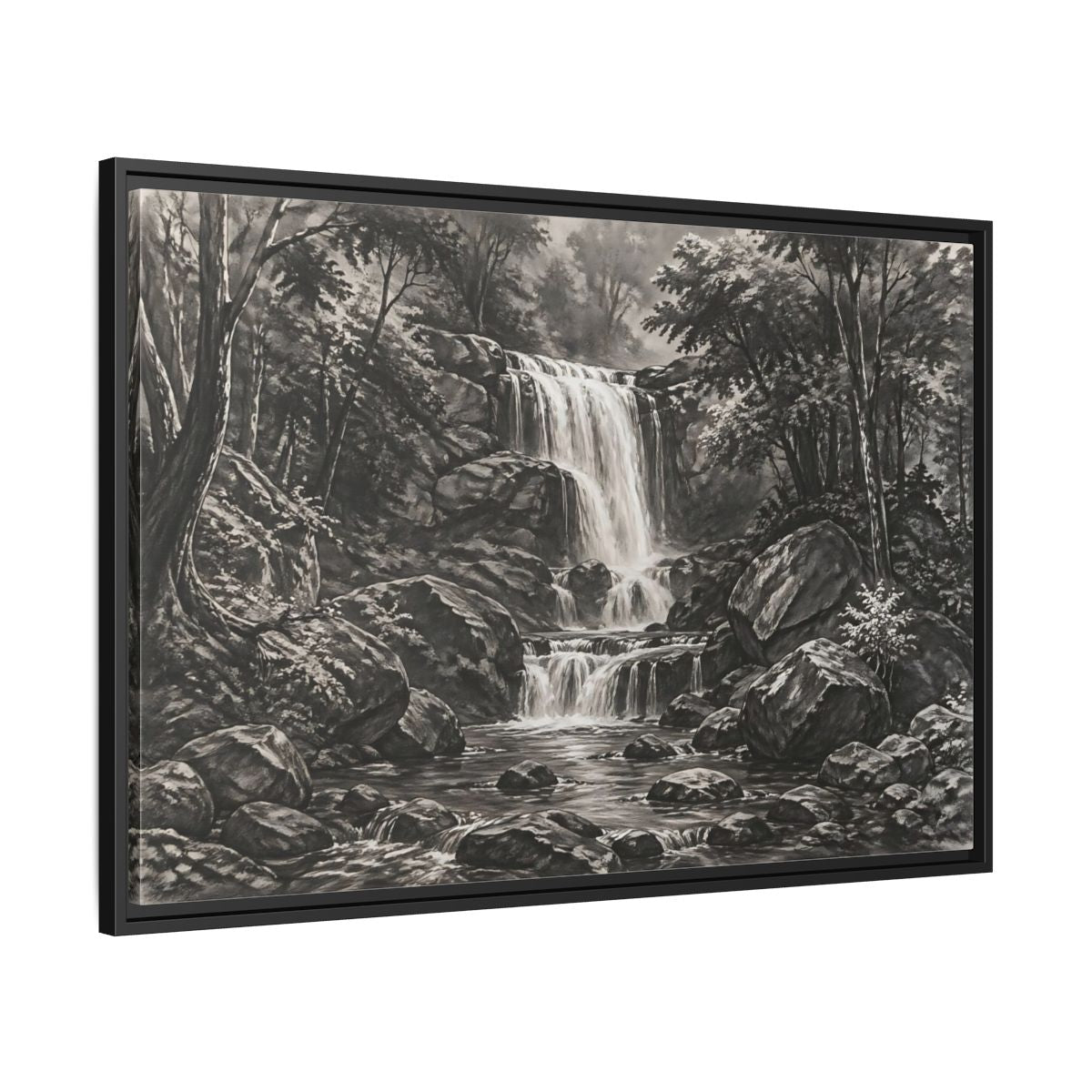 Side Mockup 13. Nature Waterfall Monochrome Waterfall shown as stretched canvas wall art