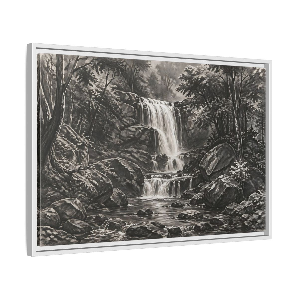 Side Mockup 10. Nature Waterfall Monochrome Waterfall shown as stretched canvas wall art