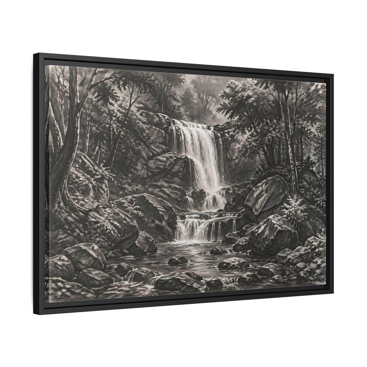Side Mockup 14. Nature Waterfall Monochrome Waterfall shown as stretched canvas wall art
