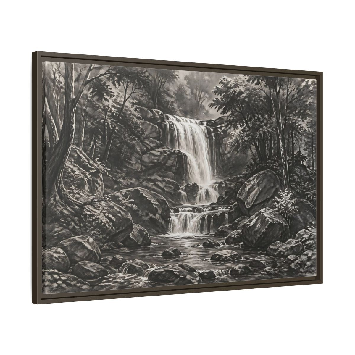 Main Mockup. Nature Waterfall Monochrome Waterfall shown as stretched canvas wall art