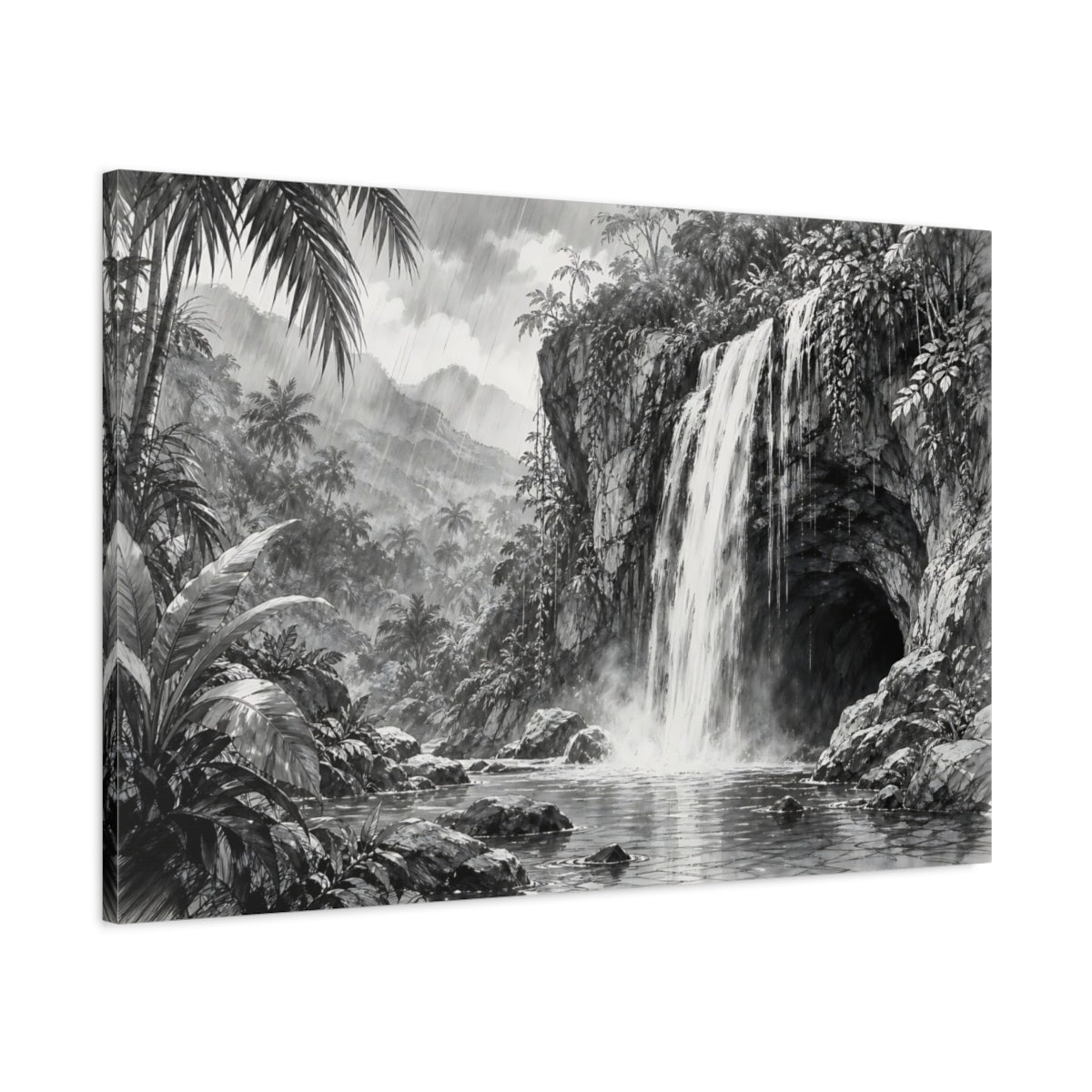 Main Mockup. Nature Waterfall Monochrome Waterfall shown as stretched canvas wall art