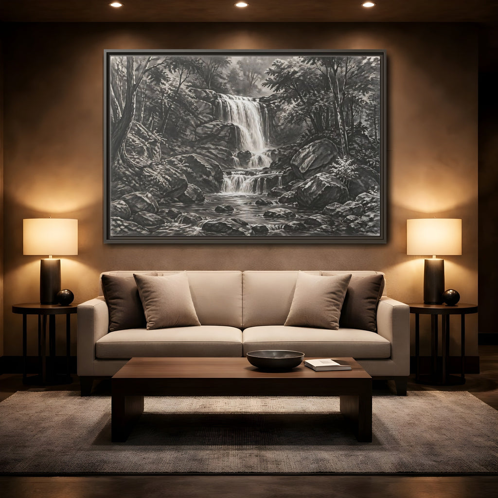 Mockup 2. Nature Waterfall Monochrome Waterfall shown as stretched canvas wall art