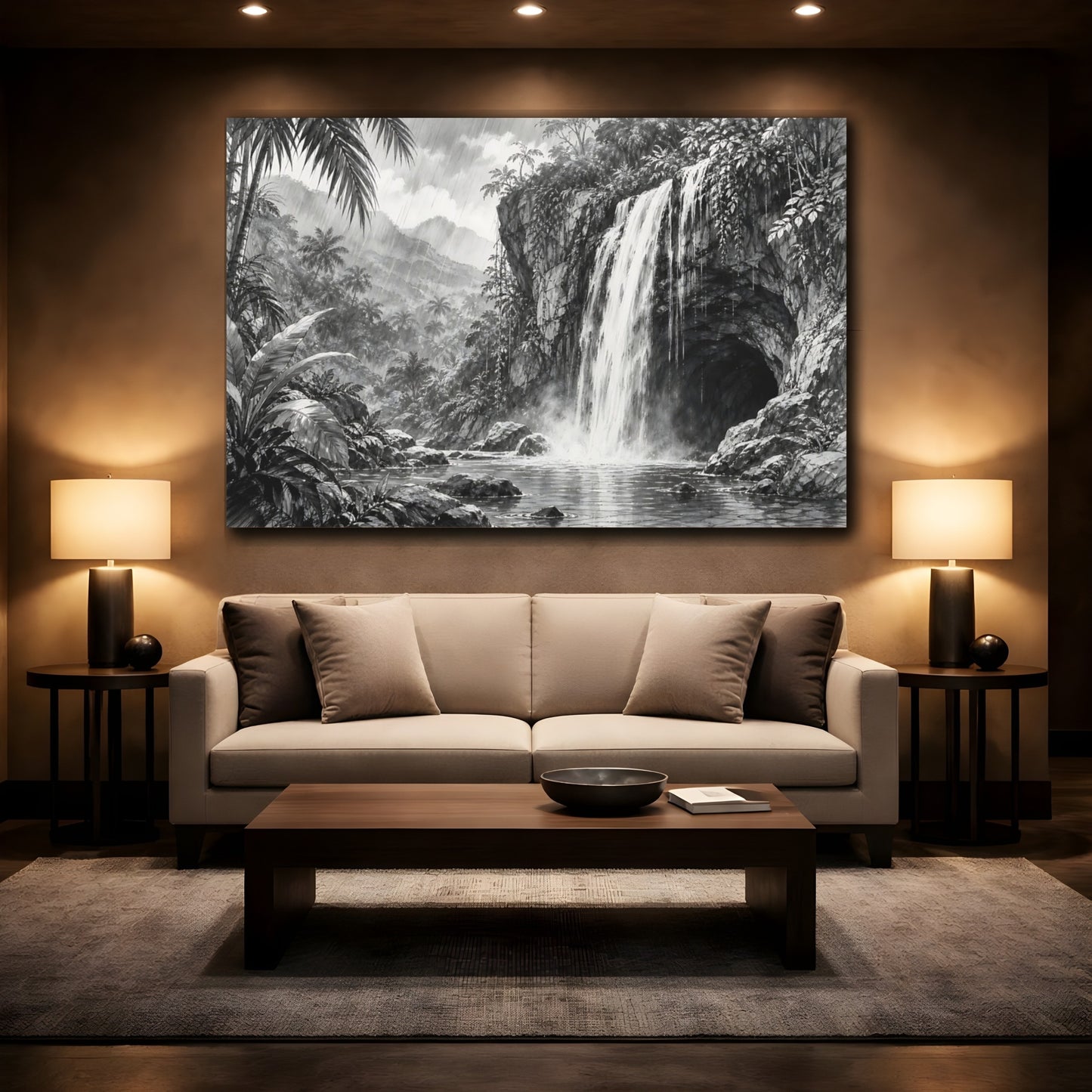 Mockup 2. Nature Waterfall Monochrome Waterfall shown as stretched canvas wall art