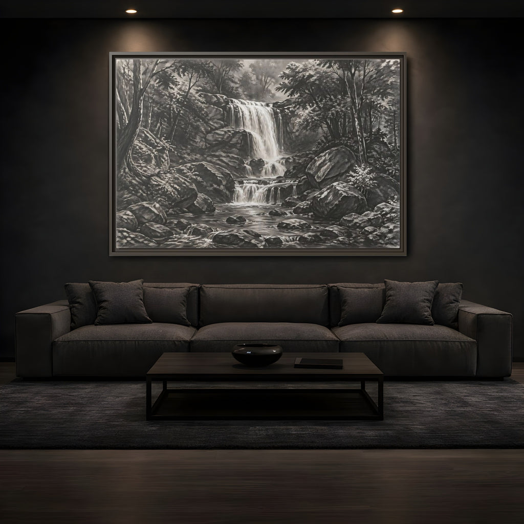 Mockup 3. Nature Waterfall Monochrome Waterfall shown as stretched canvas wall art