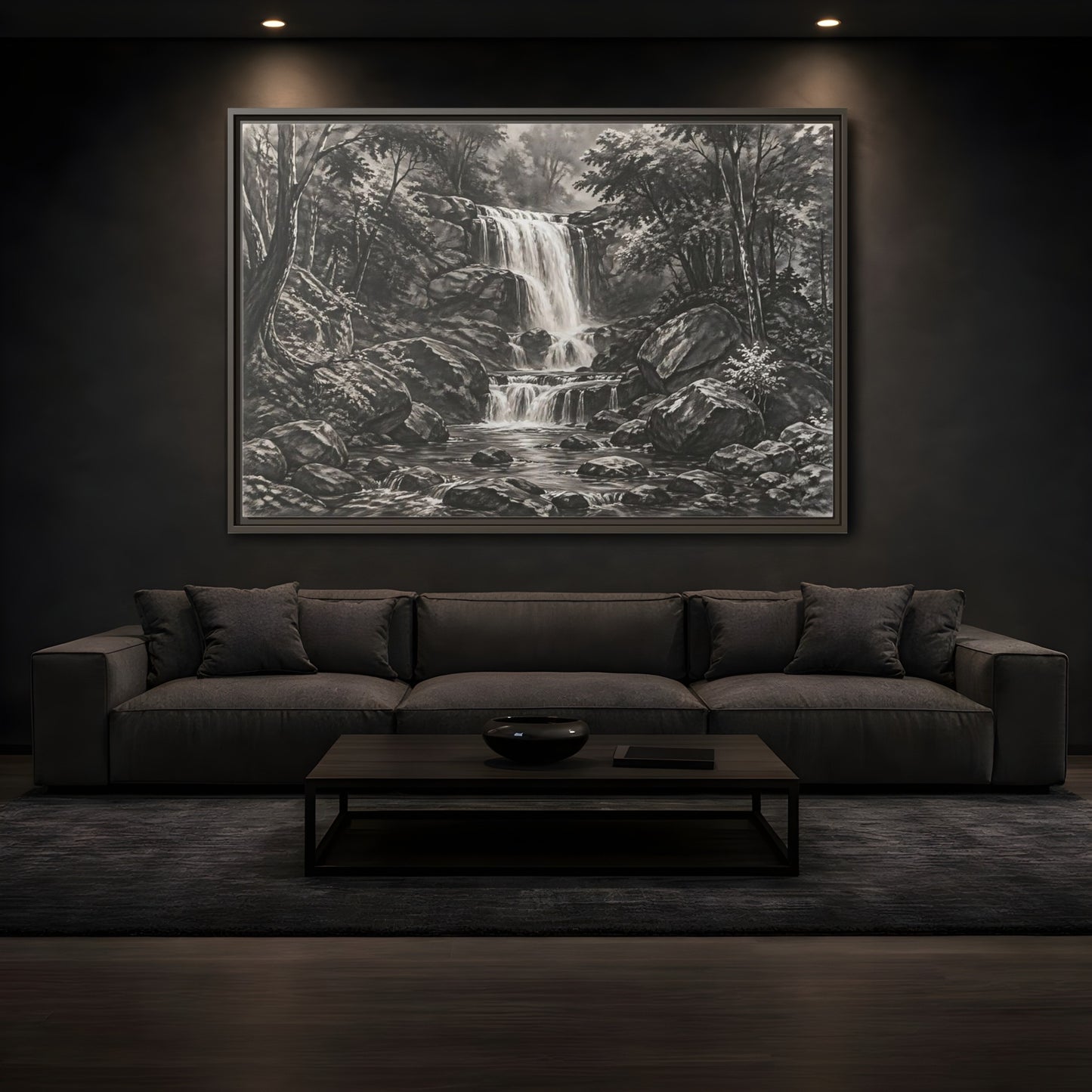 Mockup 3. Nature Waterfall Monochrome Waterfall shown as stretched canvas wall art