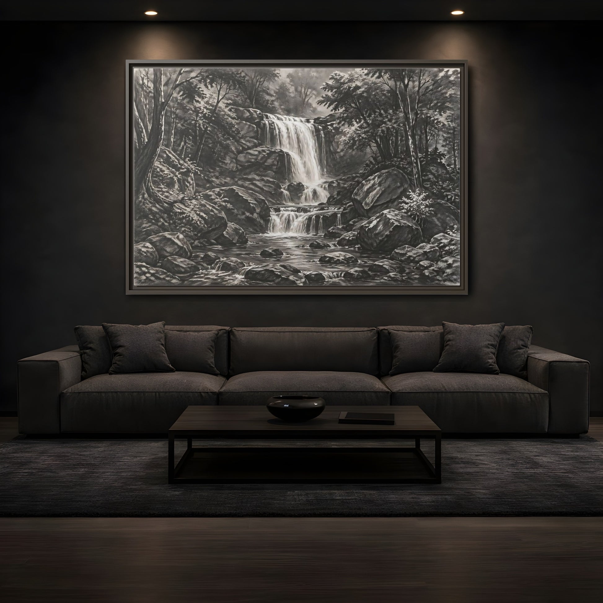 Mockup 3. Nature Waterfall Monochrome Waterfall shown as stretched canvas wall art