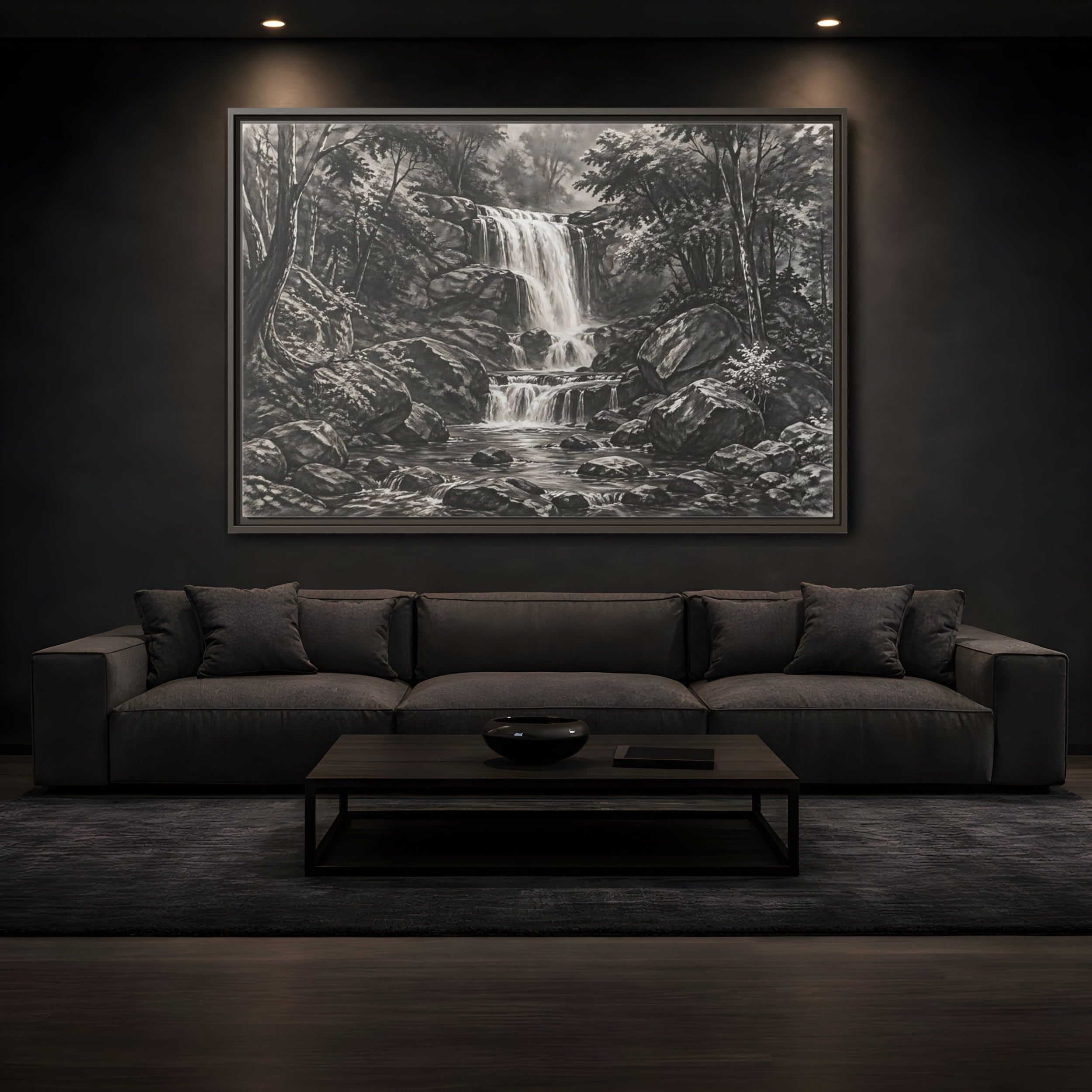 Mockup 3. Nature Waterfall Monochrome Waterfall shown as stretched canvas wall art