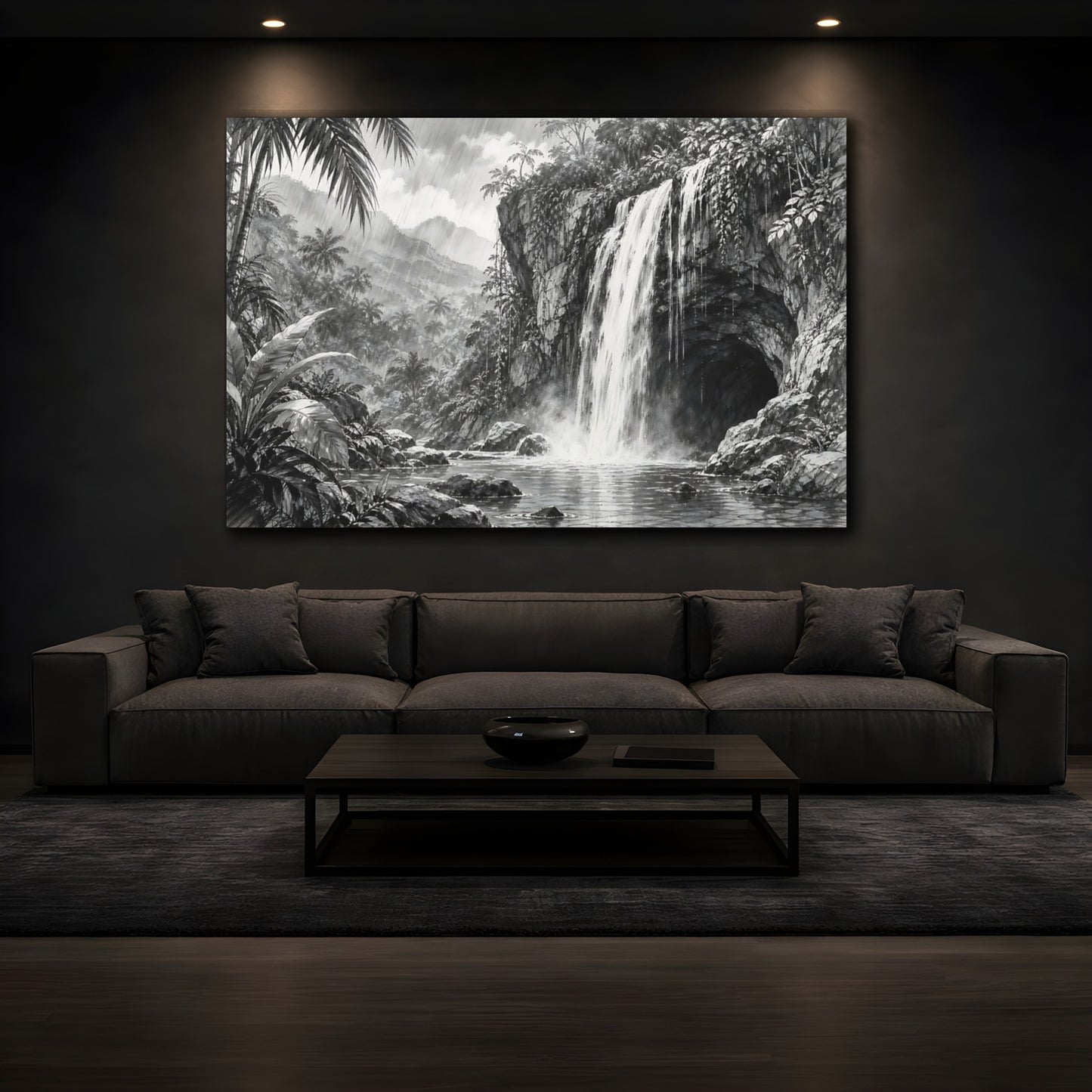 Mockup 3. Nature Waterfall Monochrome Waterfall shown as stretched canvas wall art