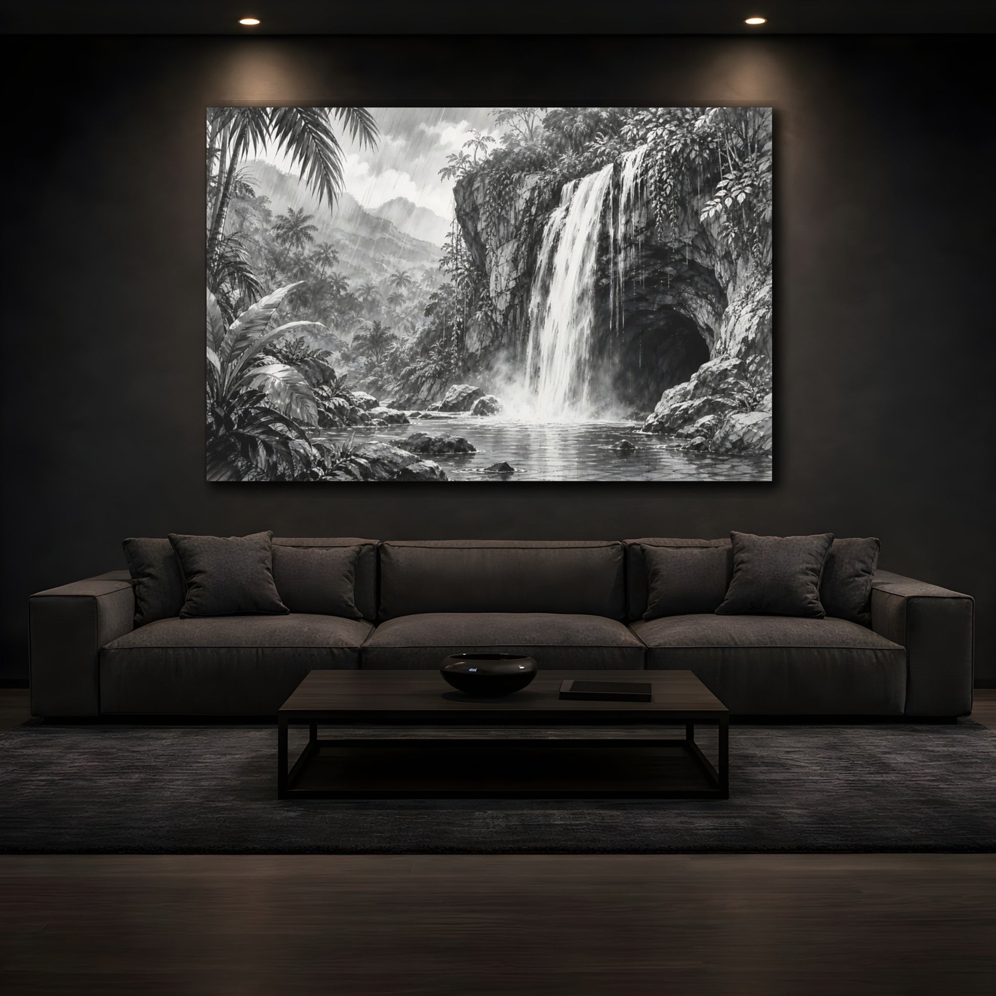 Mockup 3. Nature Waterfall Monochrome Waterfall shown as stretched canvas wall art