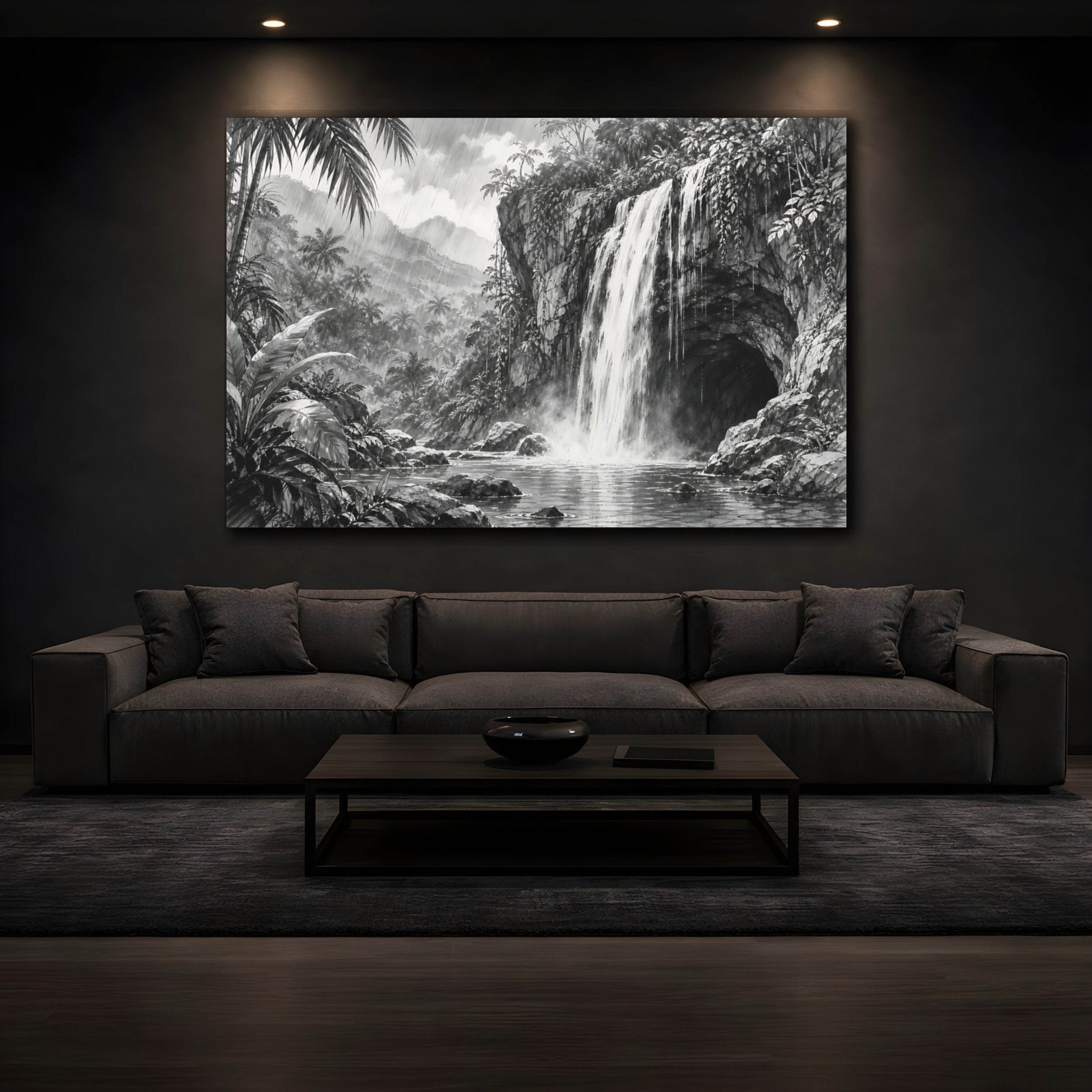 Mockup 3. Nature Waterfall Monochrome Waterfall shown as stretched canvas wall art