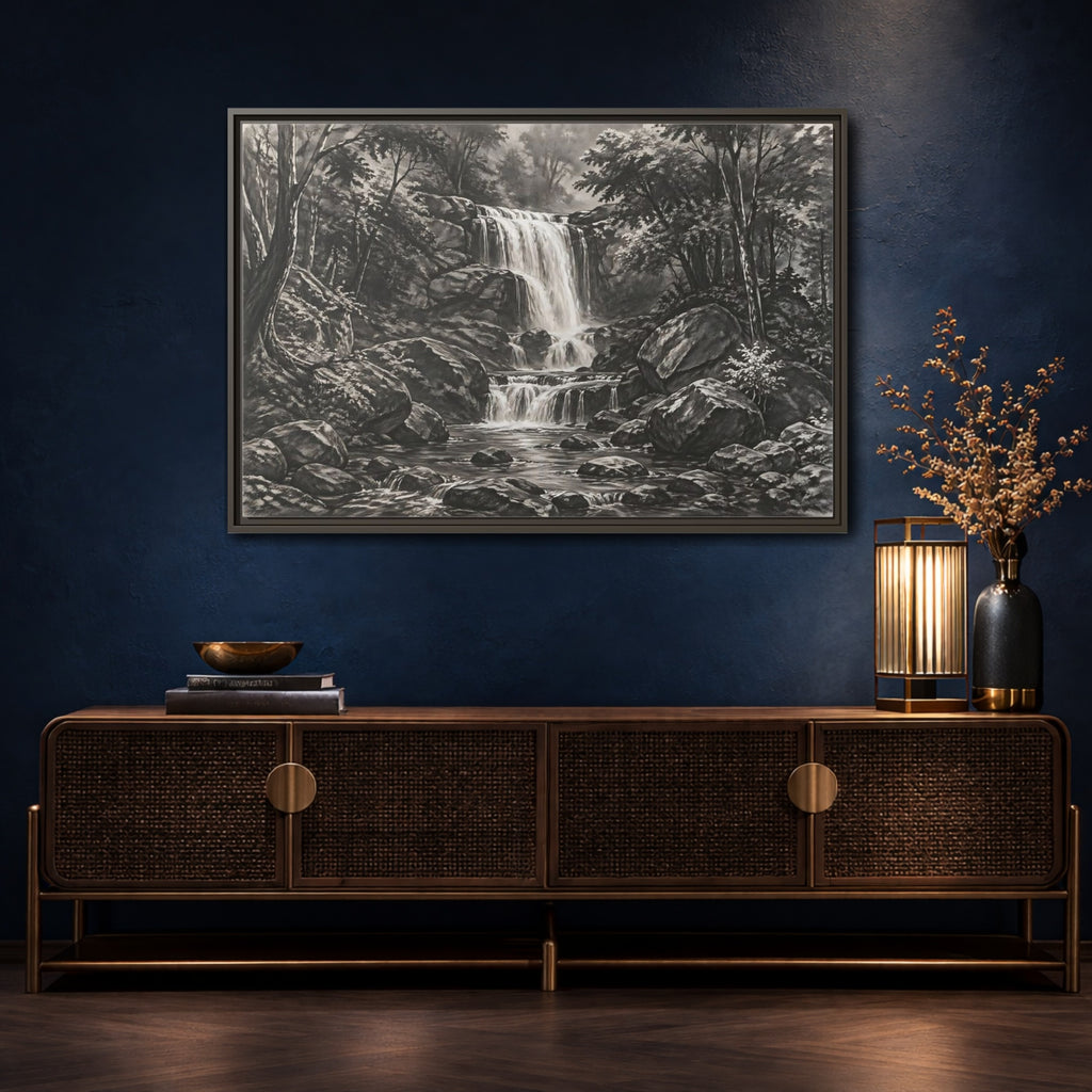 Mockup 4. Nature Waterfall Monochrome Waterfall shown as stretched canvas wall art
