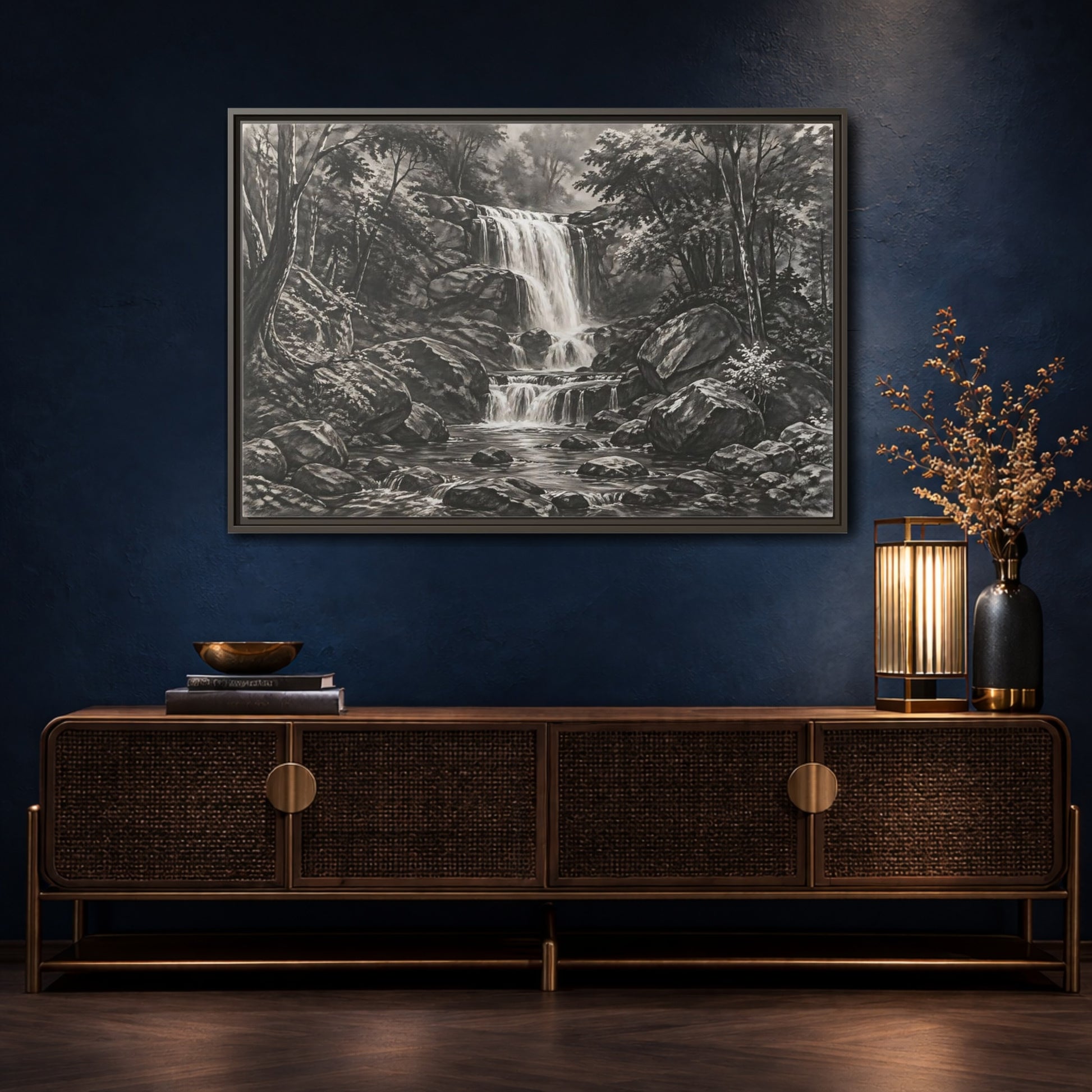 Mockup 4. Nature Waterfall Monochrome Waterfall shown as stretched canvas wall art