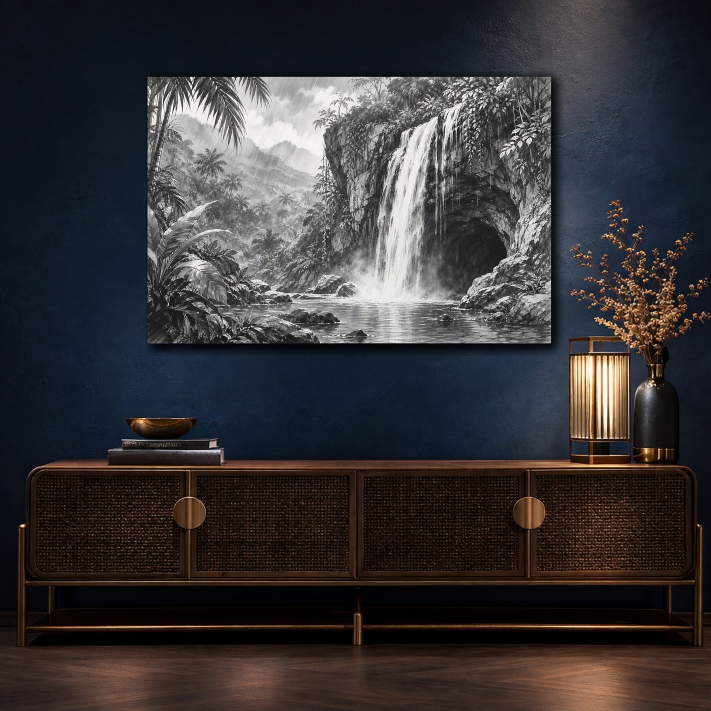 Mockup 4. Nature Waterfall Monochrome Waterfall shown as stretched canvas wall art