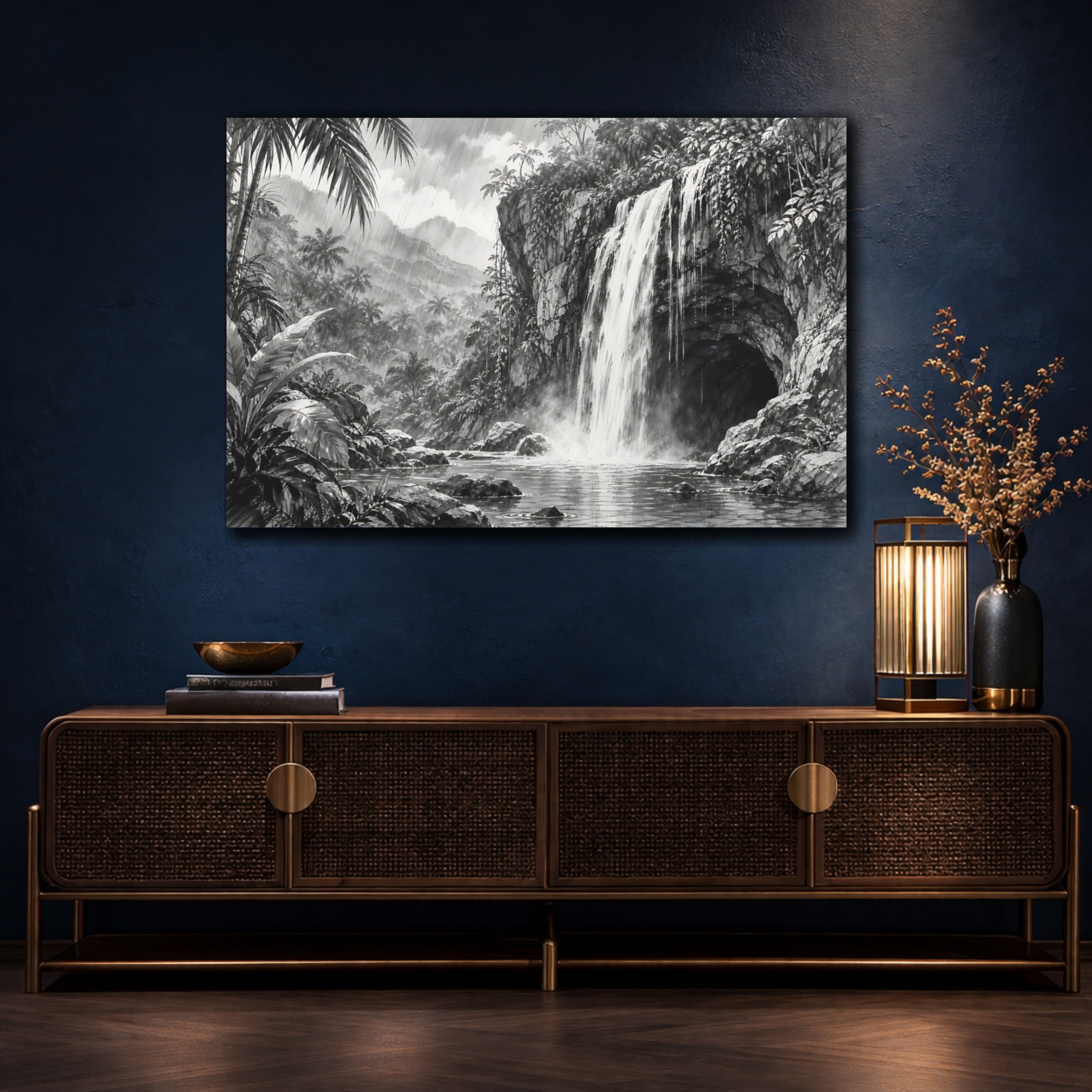 Mockup 4. Nature Waterfall Monochrome Waterfall shown as stretched canvas wall art