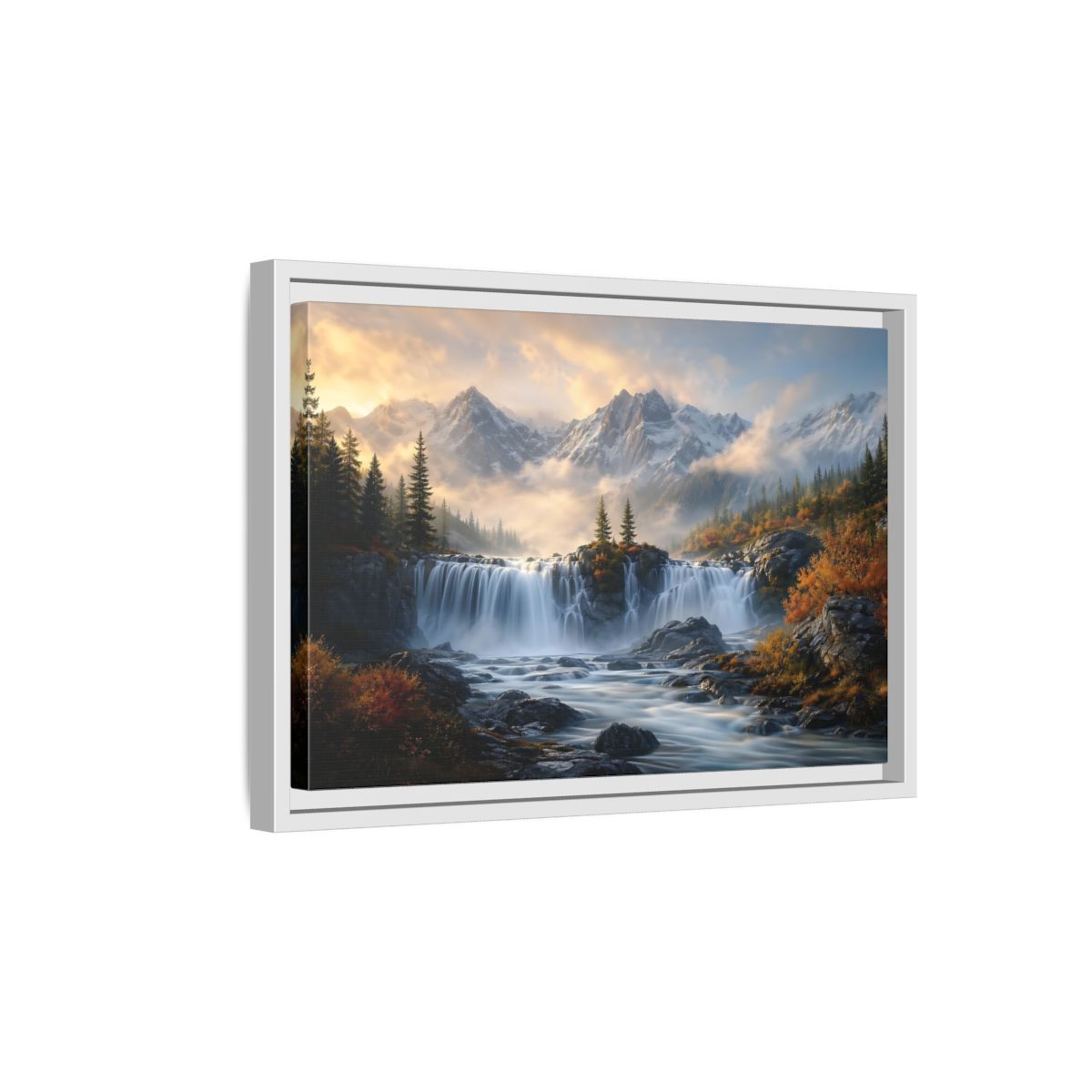 Side Mockup 4. Nature Waterfall Mountain Waterfall Autumn shown as stretched canvas wall art
