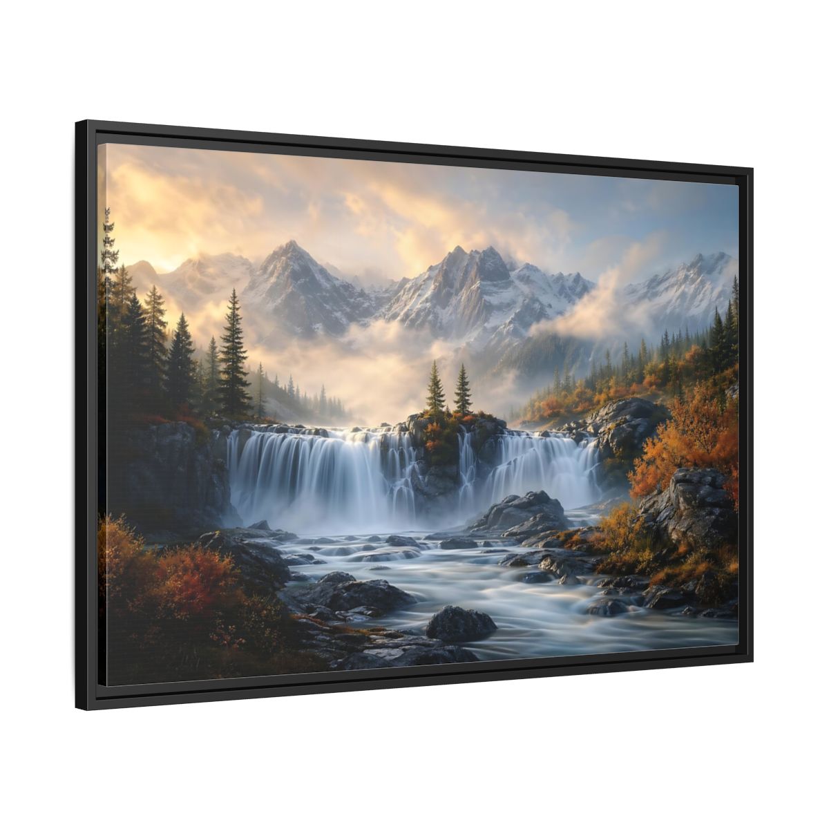 Side Mockup 13. Nature Waterfall Mountain Waterfall Autumn shown as stretched canvas wall art