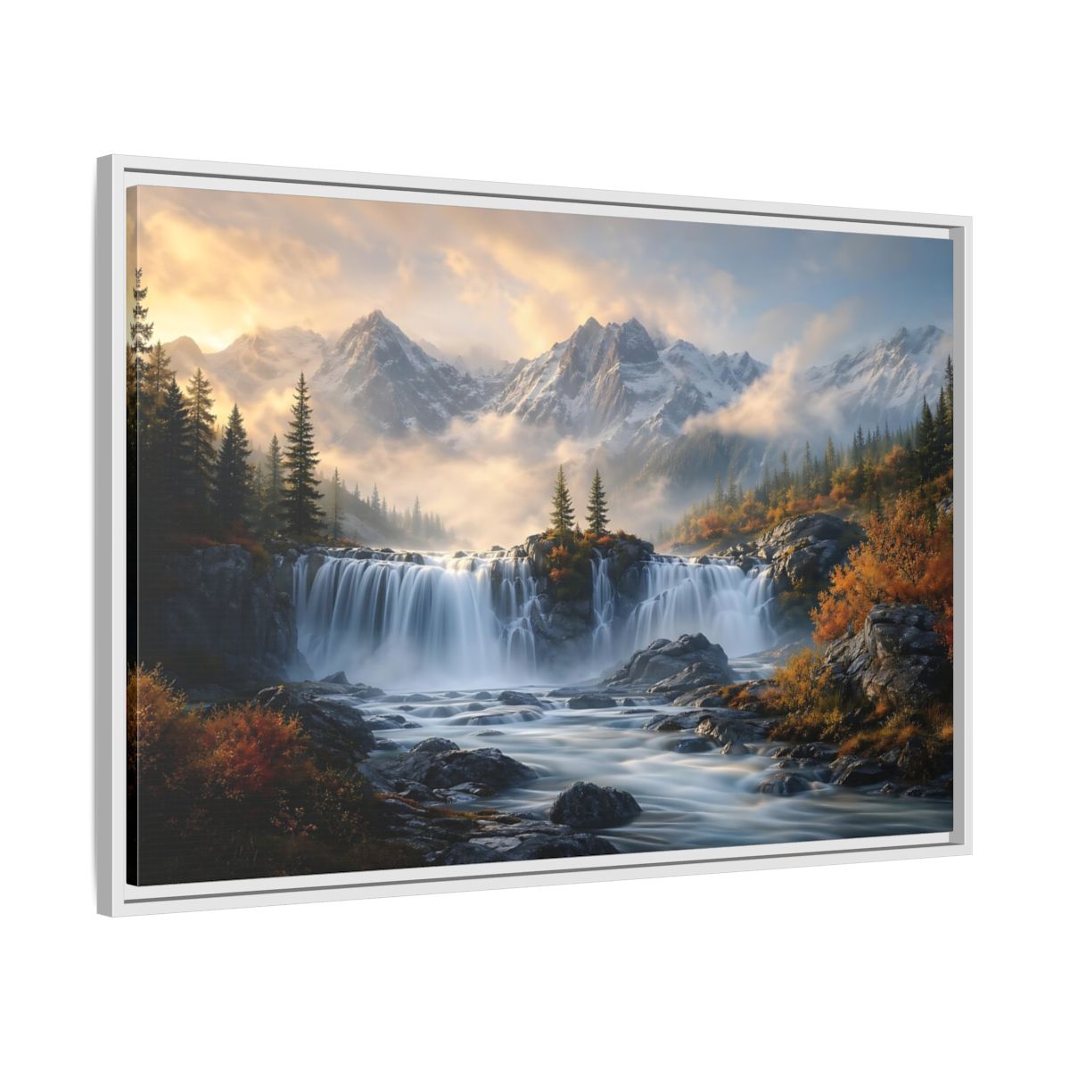 Side Mockup 9. Nature Waterfall Mountain Waterfall Autumn shown as stretched canvas wall art