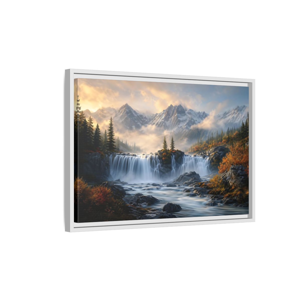 Side Mockup 1. Nature Waterfall Mountain Waterfall Autumn shown as stretched canvas wall art