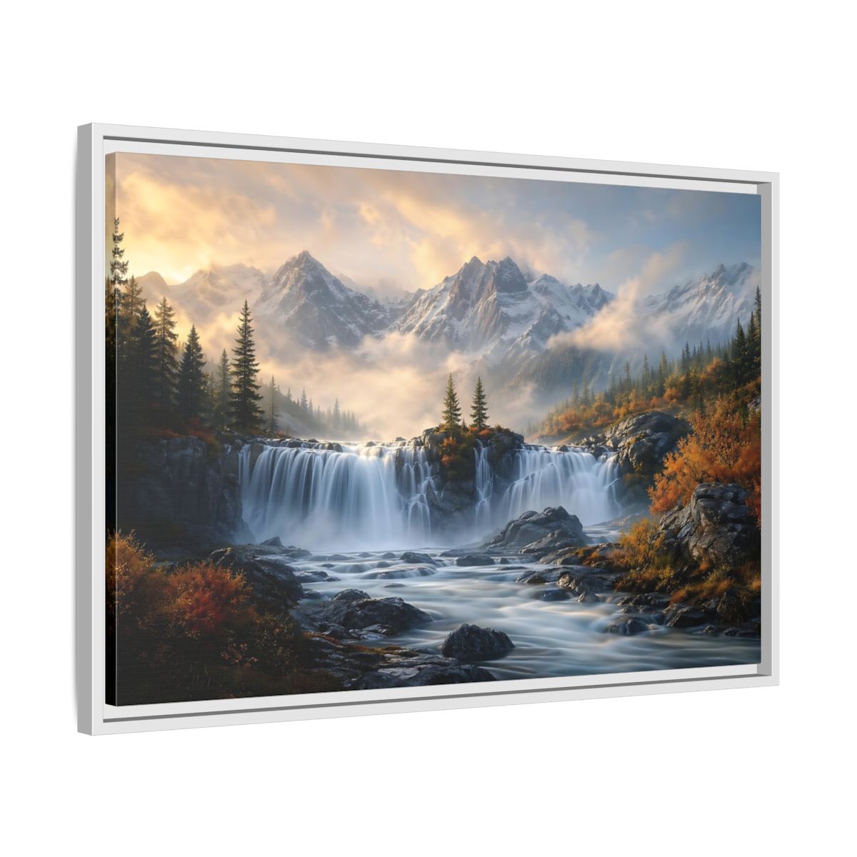 Side Mockup 10. Nature Waterfall Mountain Waterfall Autumn shown as stretched canvas wall art