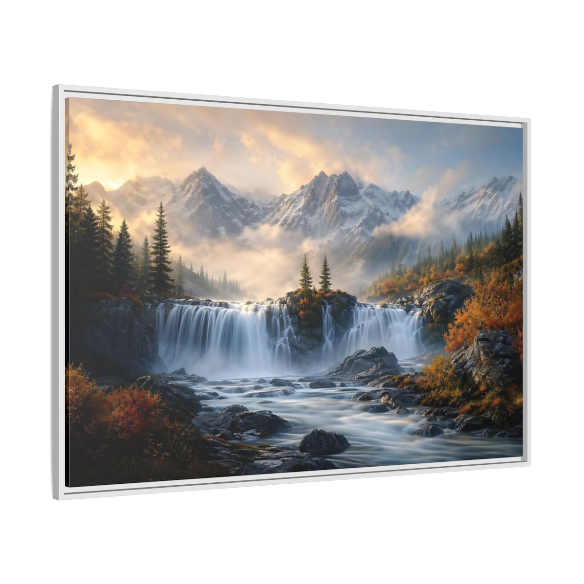 Side Mockup 7. Nature Waterfall Mountain Waterfall Autumn shown as stretched canvas wall art
