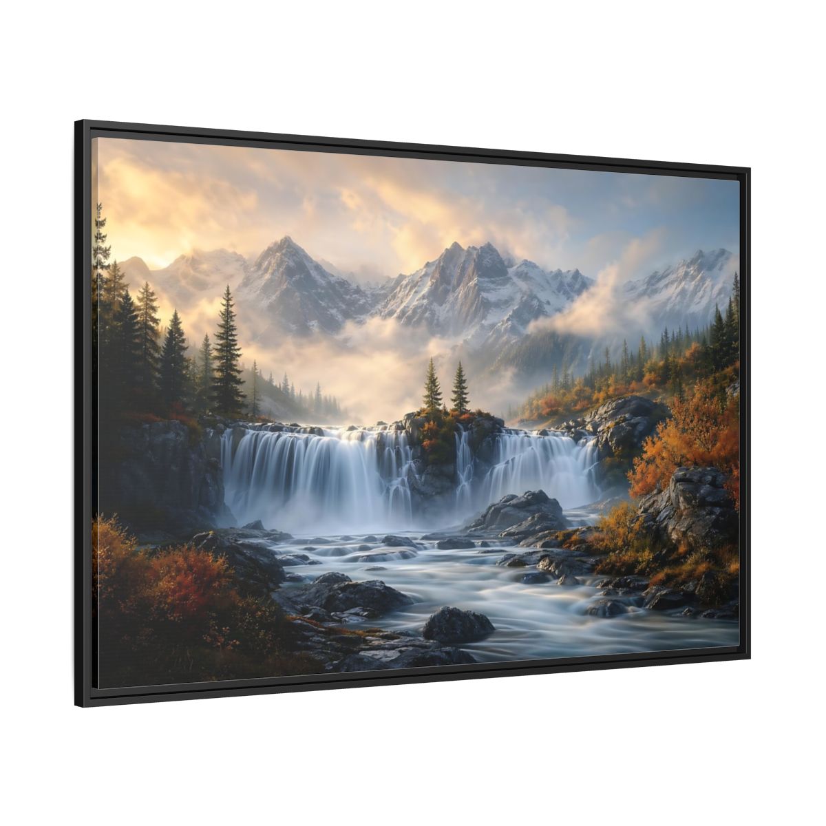 Side Mockup 12. Nature Waterfall Mountain Waterfall Autumn shown as stretched canvas wall art