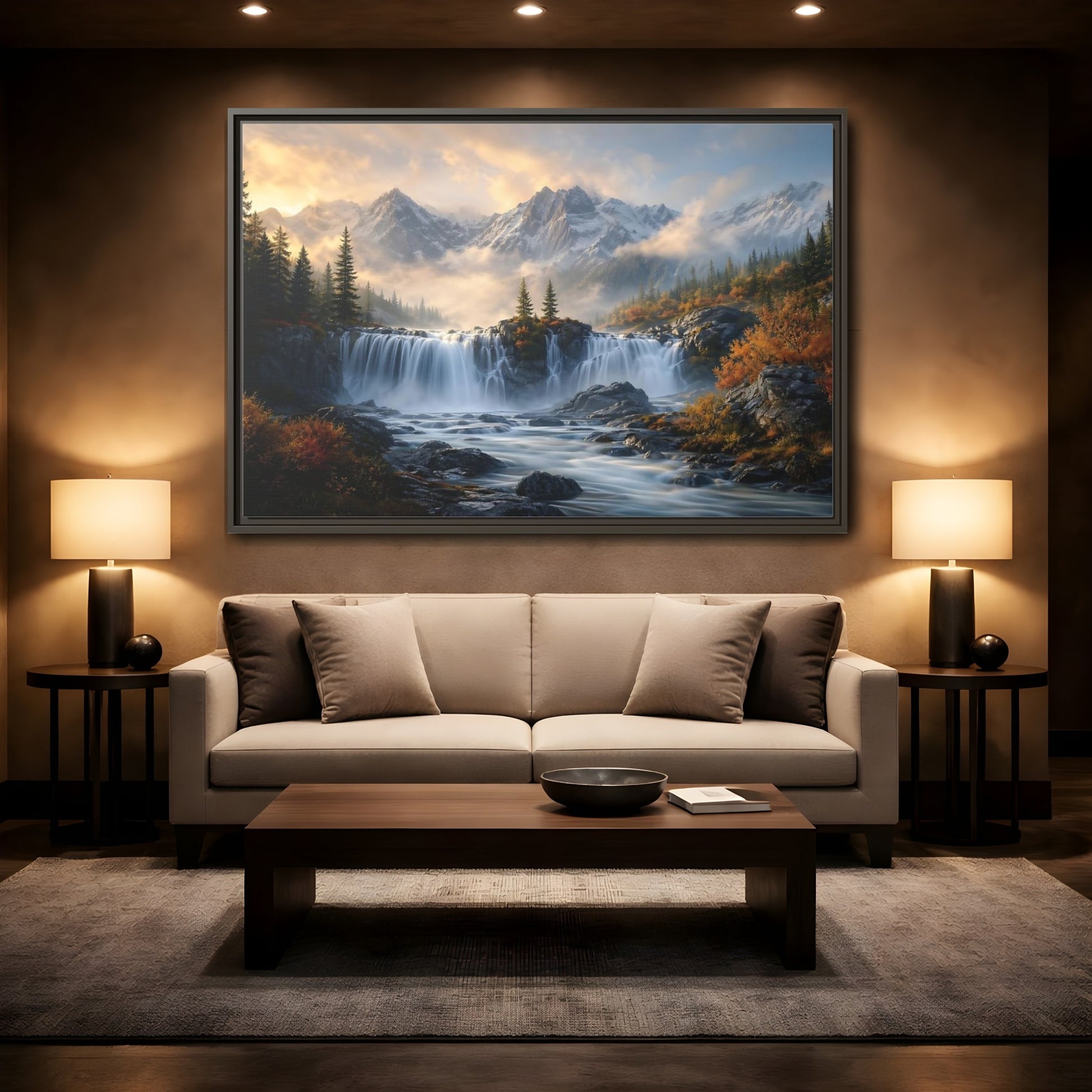 Mockup 2. Nature Waterfall Mountain Waterfall Autumn shown as stretched canvas wall art