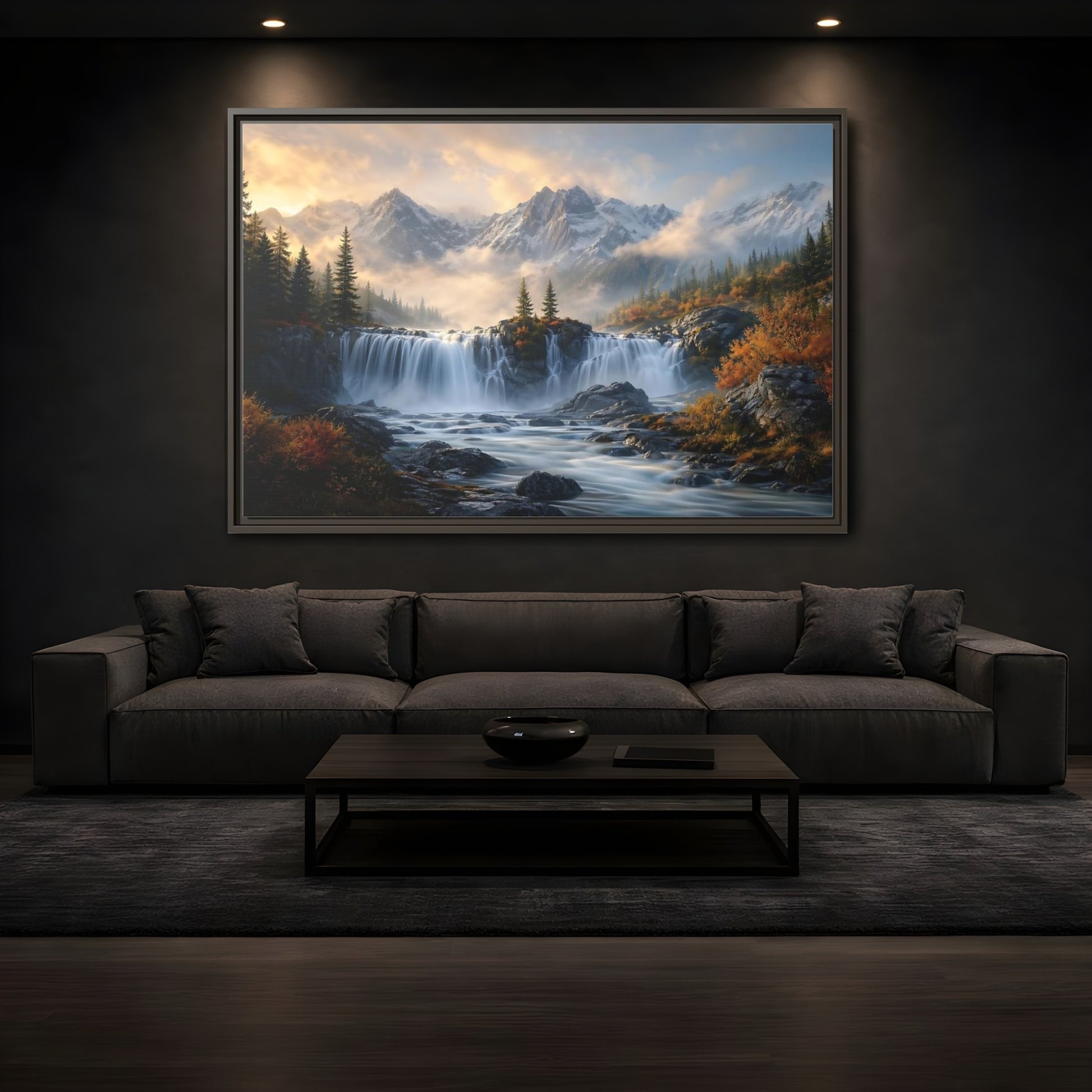 Mockup 3. Nature Waterfall Mountain Waterfall Autumn shown as stretched canvas wall art