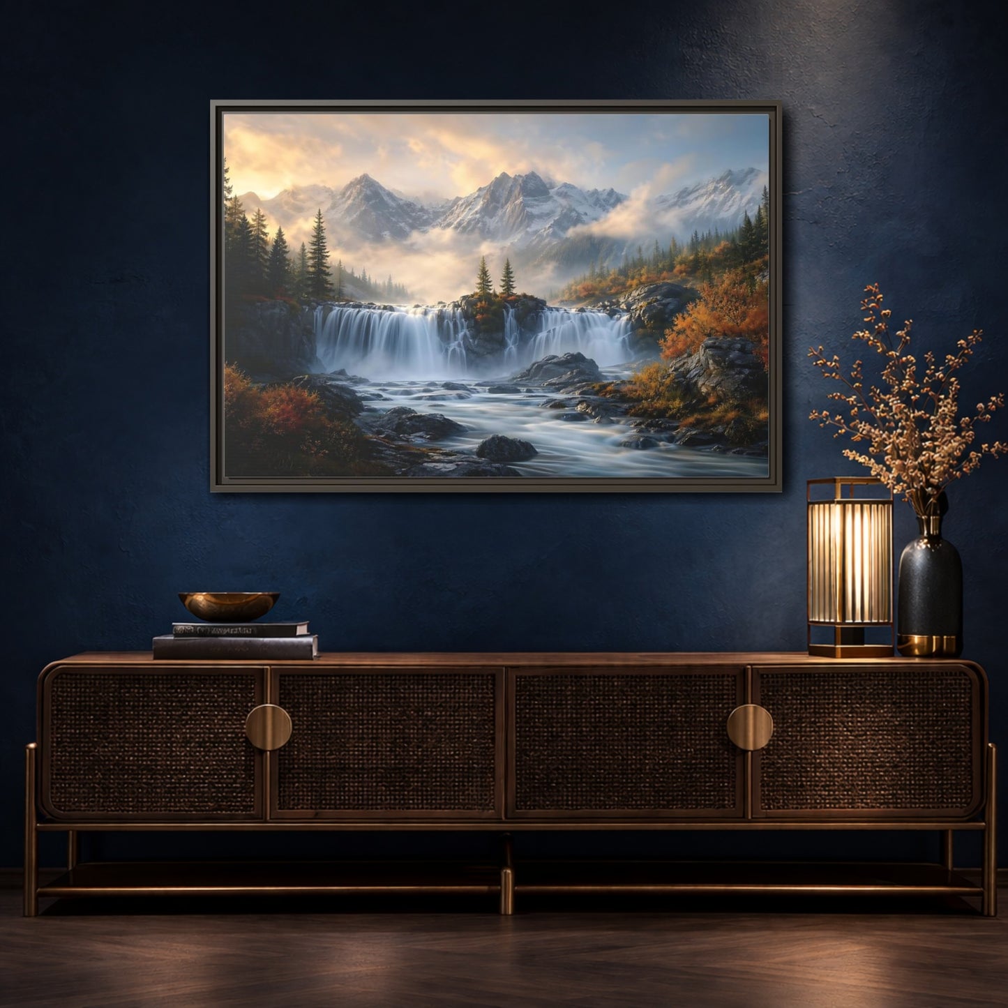 Mockup 4. Nature Waterfall Mountain Waterfall Autumn shown as stretched canvas wall art