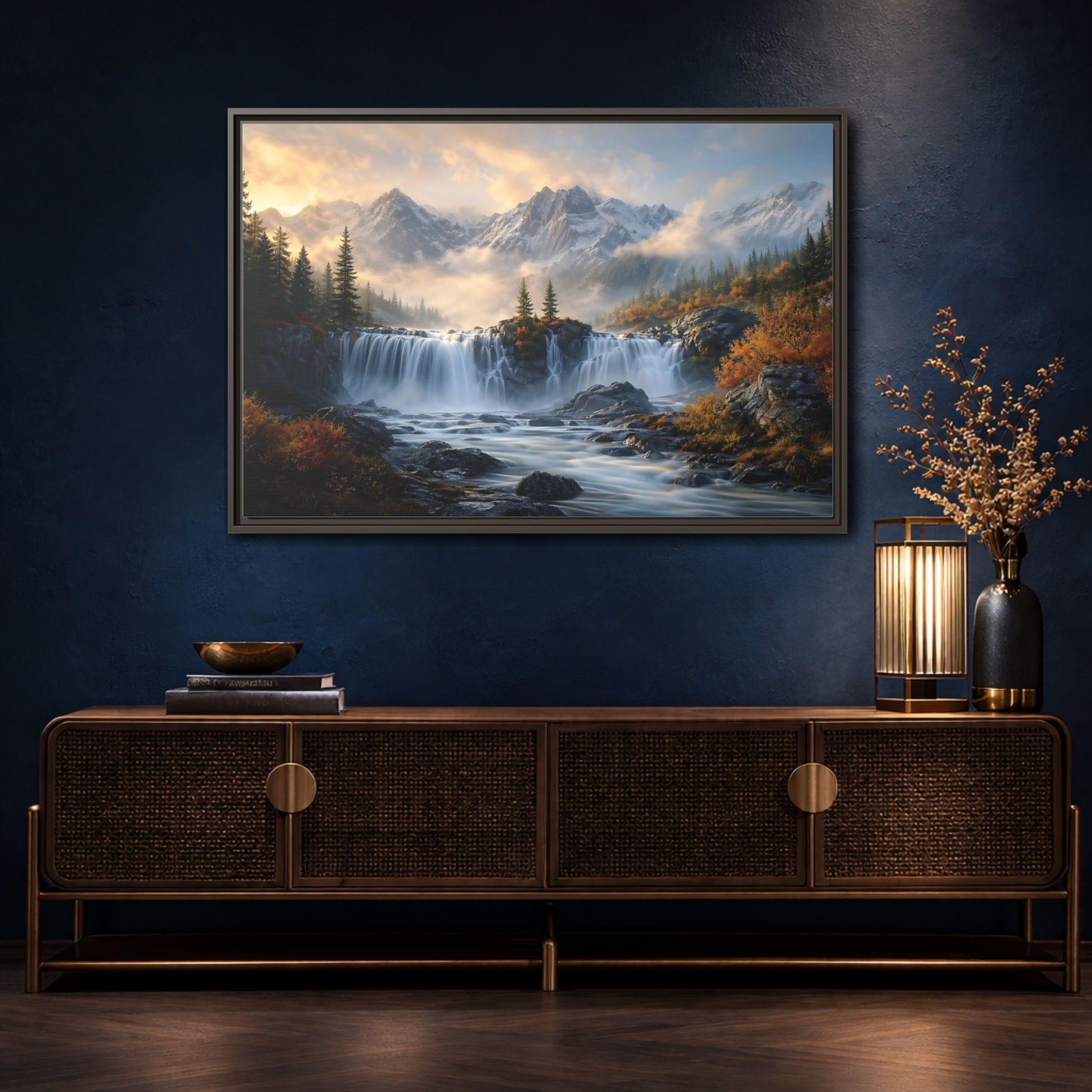 Mockup 4. Nature Waterfall Mountain Waterfall Autumn shown as stretched canvas wall art