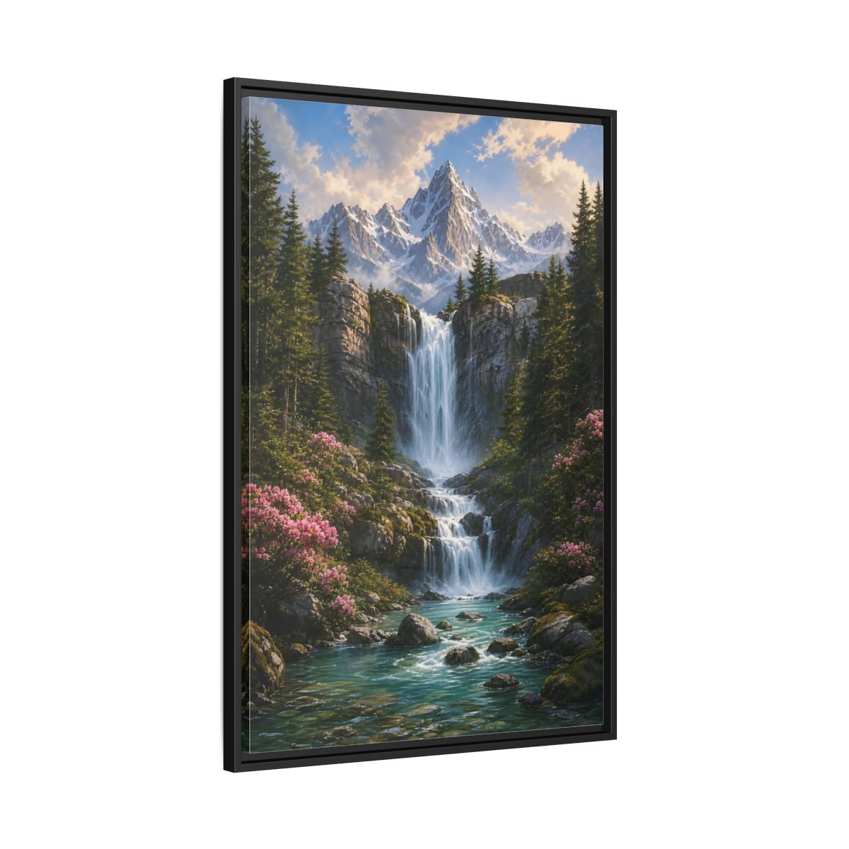 Nature Waterfall Mountains Framed Canvas Wall Art - Living Room, Above Fireplace shown as canvas wall art