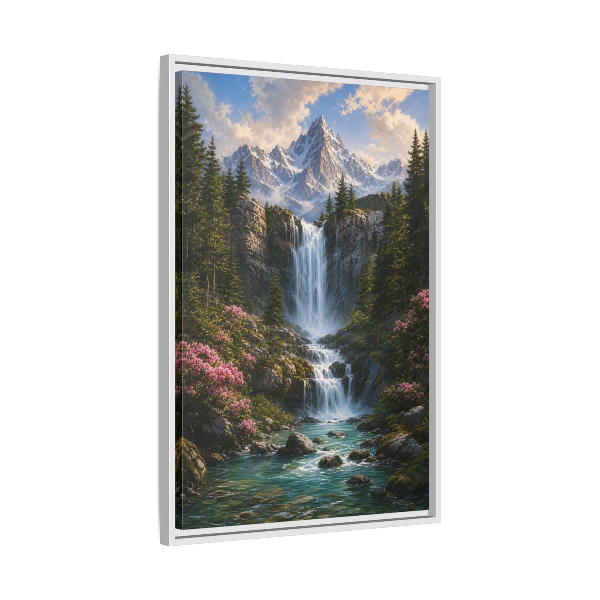 Nature Waterfall Mountains Framed Canvas Wall Art - Living Room, Above Fireplace shown as canvas wall art