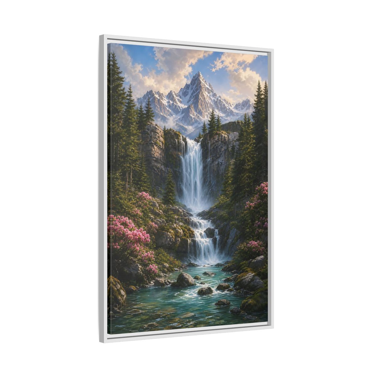 Nature Waterfall Mountains Framed Canvas Wall Art - Living Room, Above Fireplace shown as canvas wall art