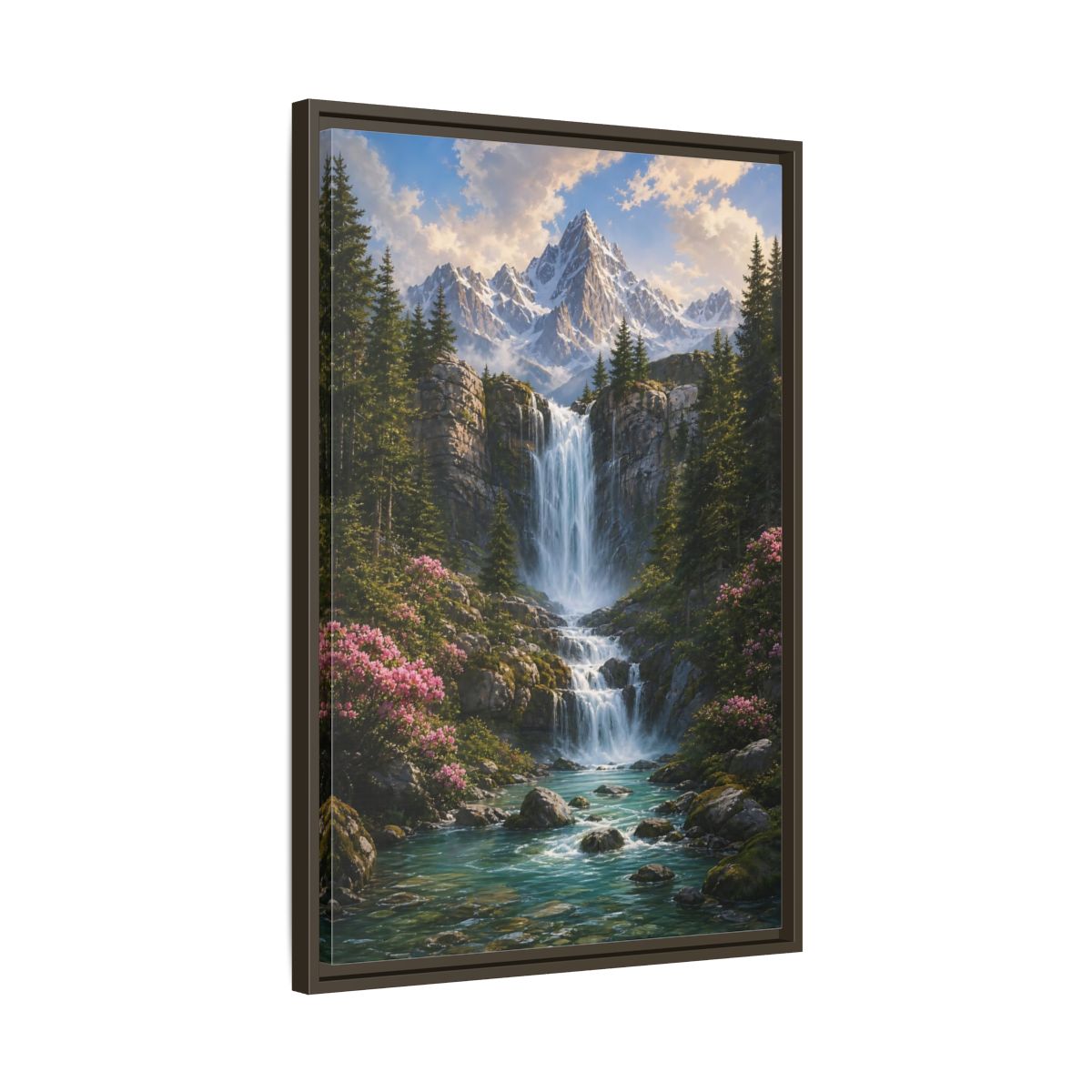Nature Waterfall Mountains Framed Canvas Wall Art - Living Room, Above Fireplace shown as canvas wall art