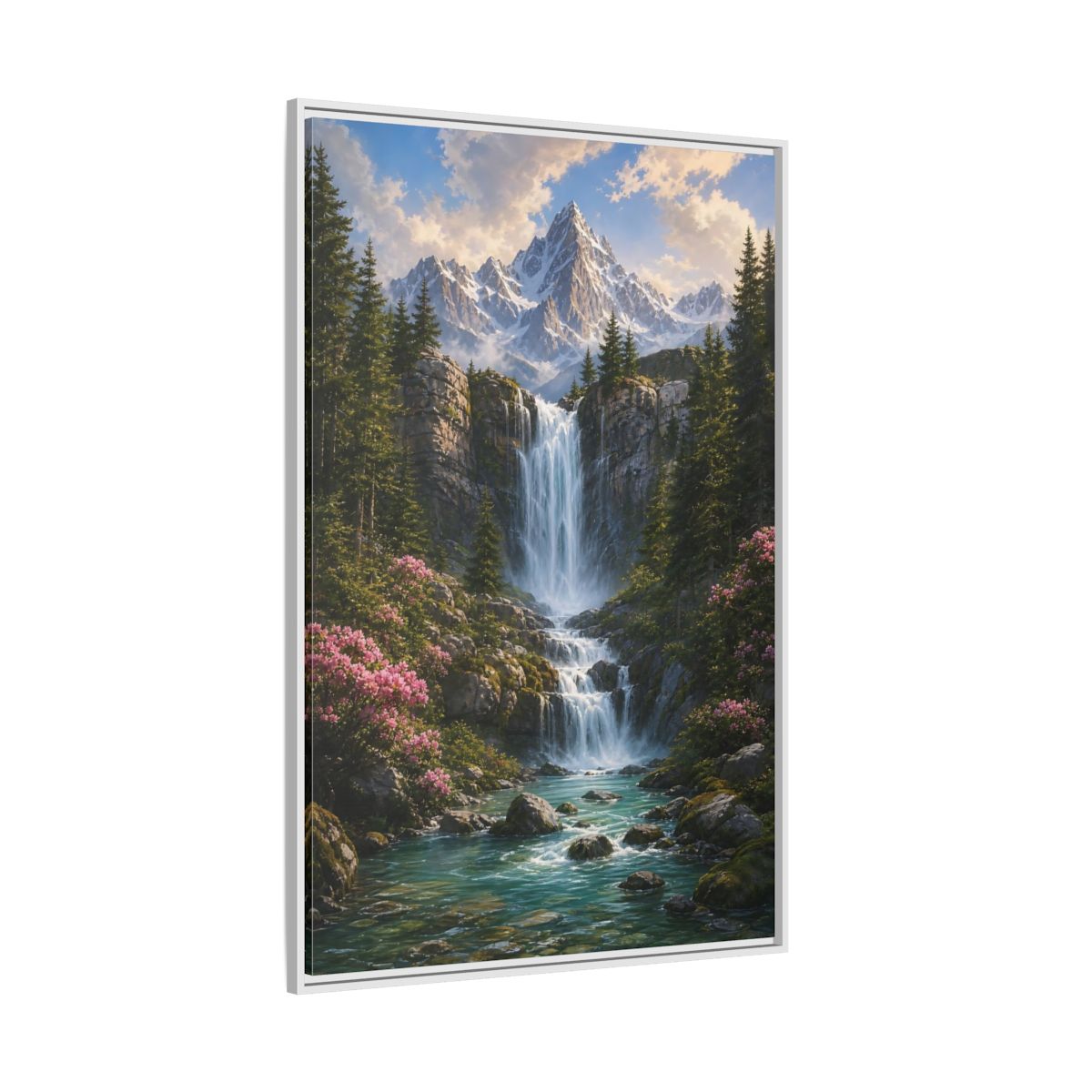 Nature Waterfall Mountains Framed Canvas Wall Art - Living Room, Above Fireplace shown as canvas wall art