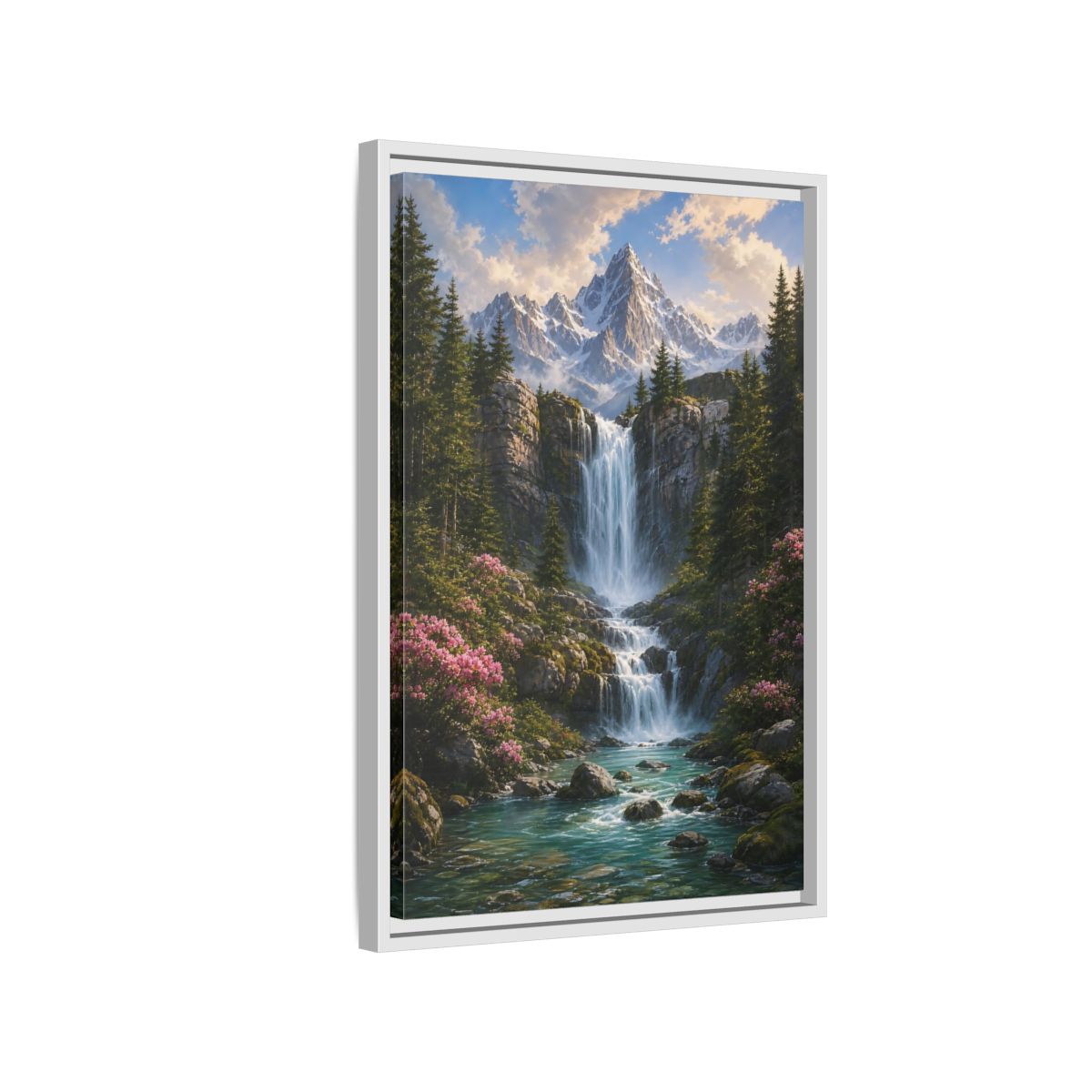 Nature Waterfall Mountains Framed Canvas Wall Art - Living Room, Above Fireplace shown as canvas wall art