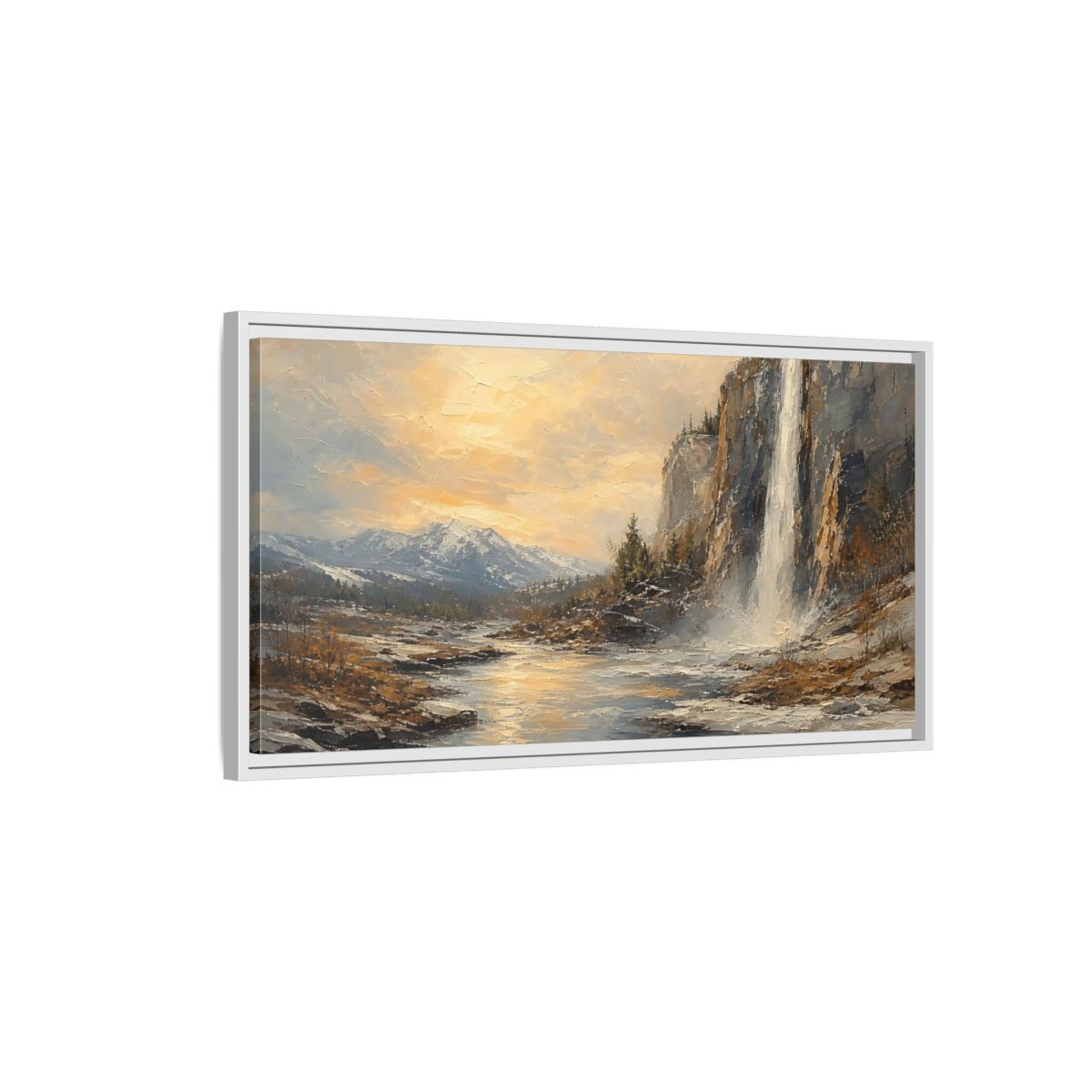 Side Mockup 1. Nature Waterfall Mountains Golden Mountain Waterfall shown as stretched canvas wall art